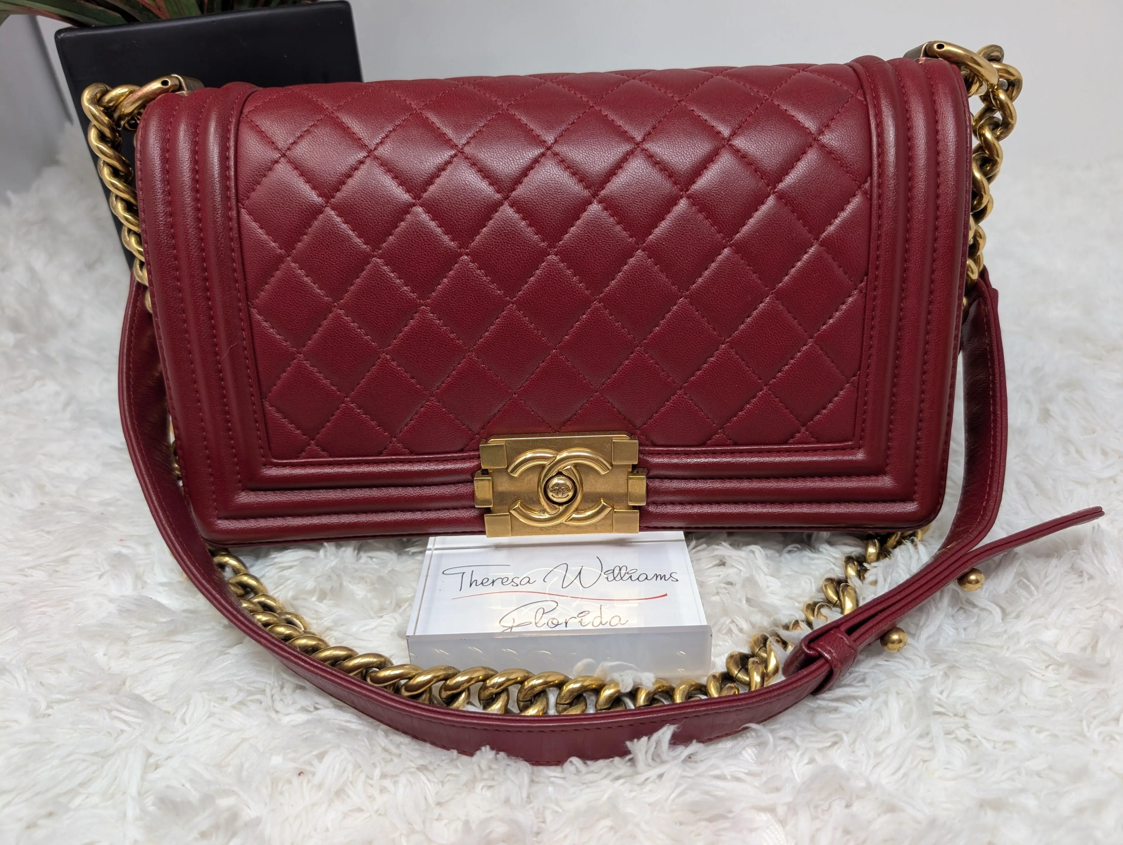 Chanel Burgundy Boy, old medium, gold hardware, MINT