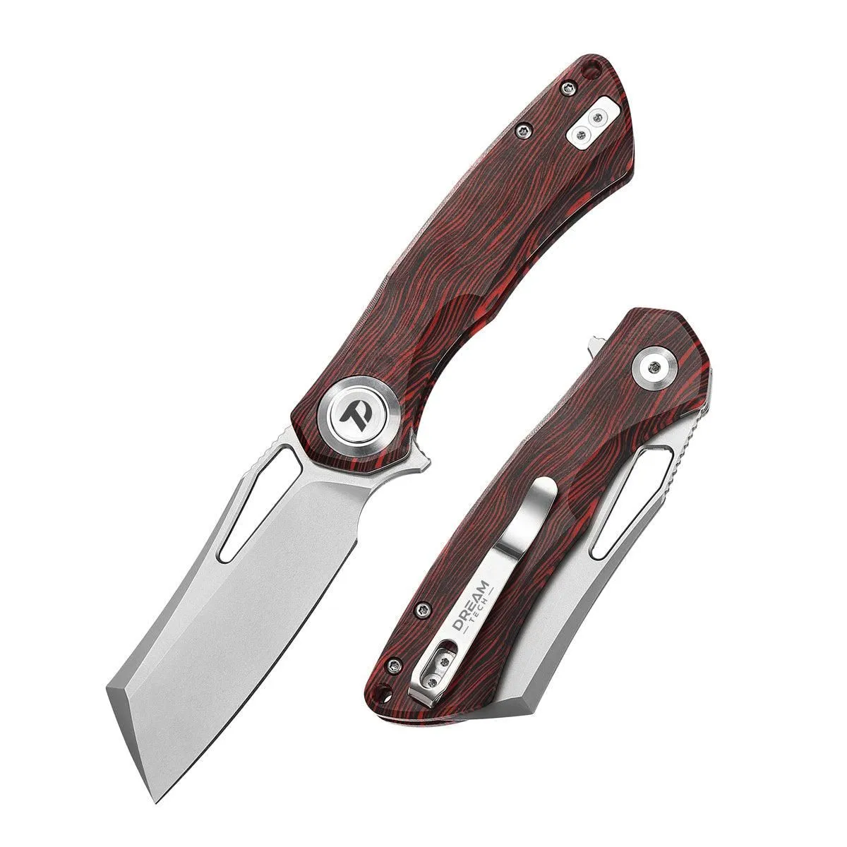 DreamTech D4507GW – 3.07″ Satin VG10 Cleaver, Red Wood Grain G10, Button Lock