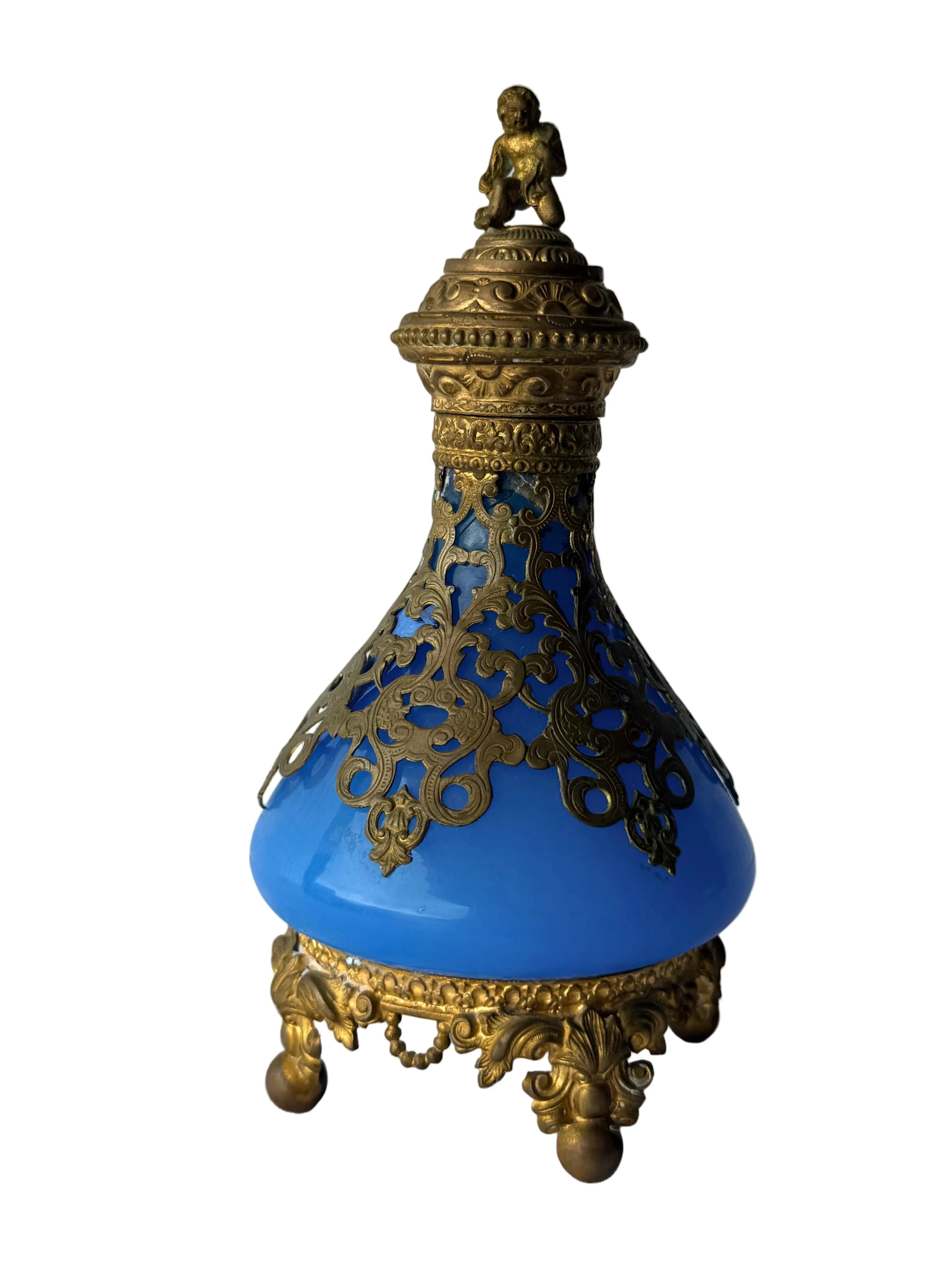 Antique French Royal Palais Blue Opaline Ormolu Glass Perfume Bottle
