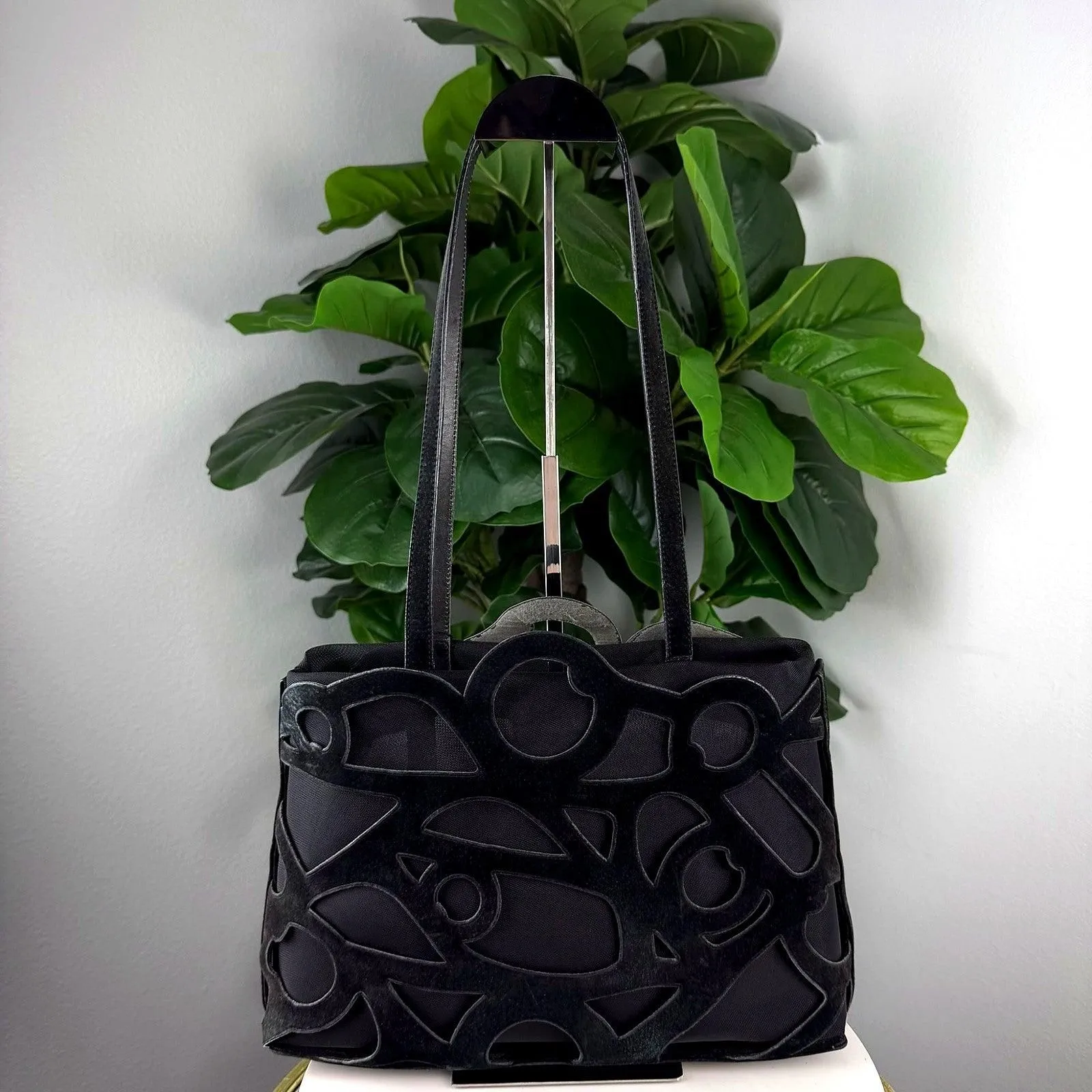 Authentic Salvatore Ferragamo Black Laser-Cut Leather Tote Bag