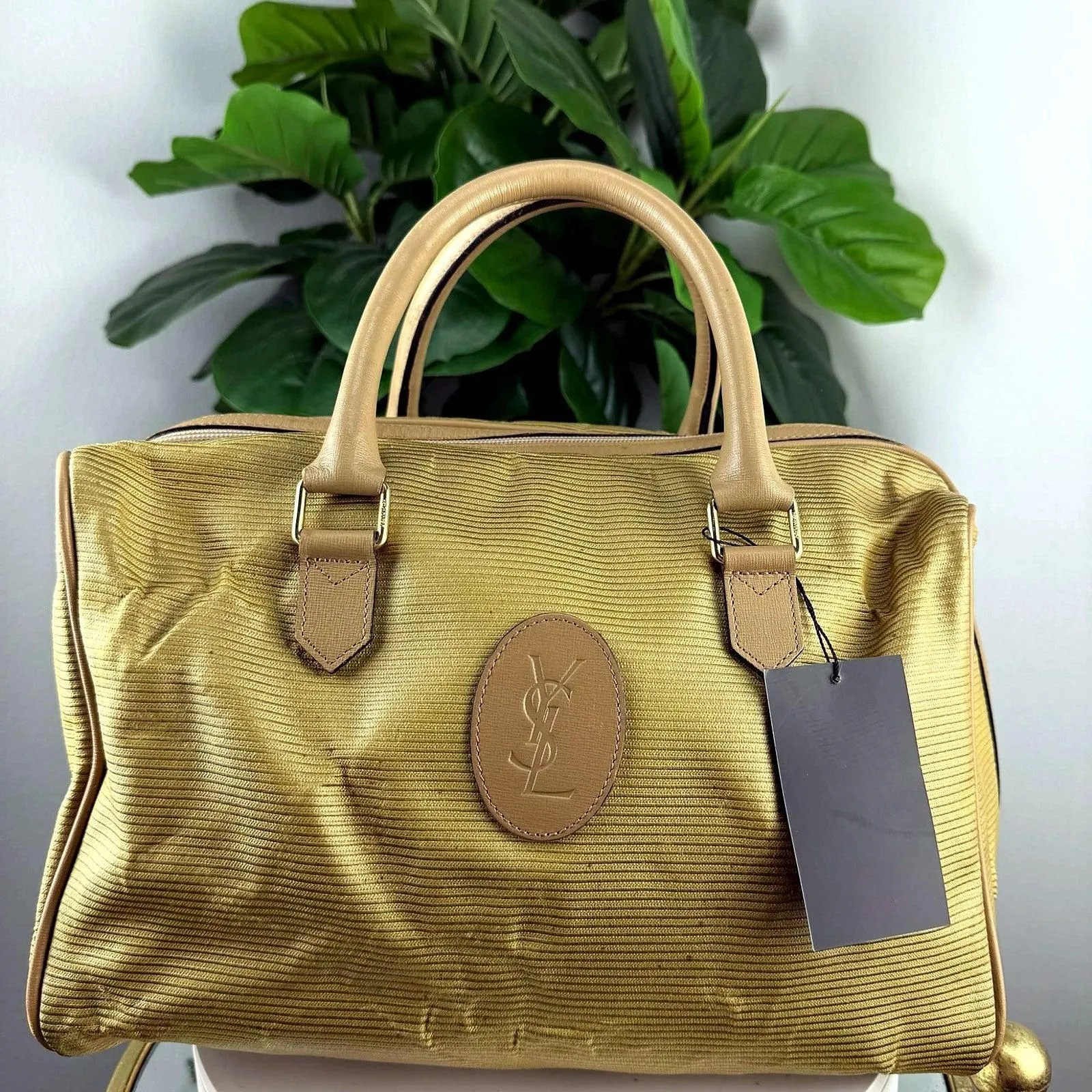 Authentic Vintage Yves Saint Laurent Gold Ribbed Fabric Boston Bag