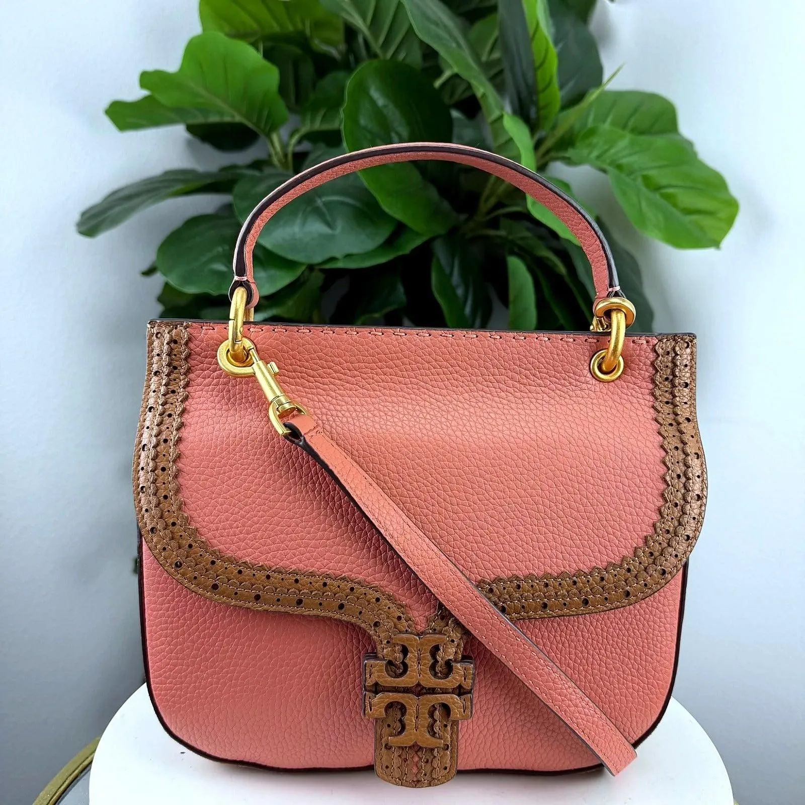 Authentic Tory Burch McGraw Brogue Saddle Bag - Coral Pebbled Leather