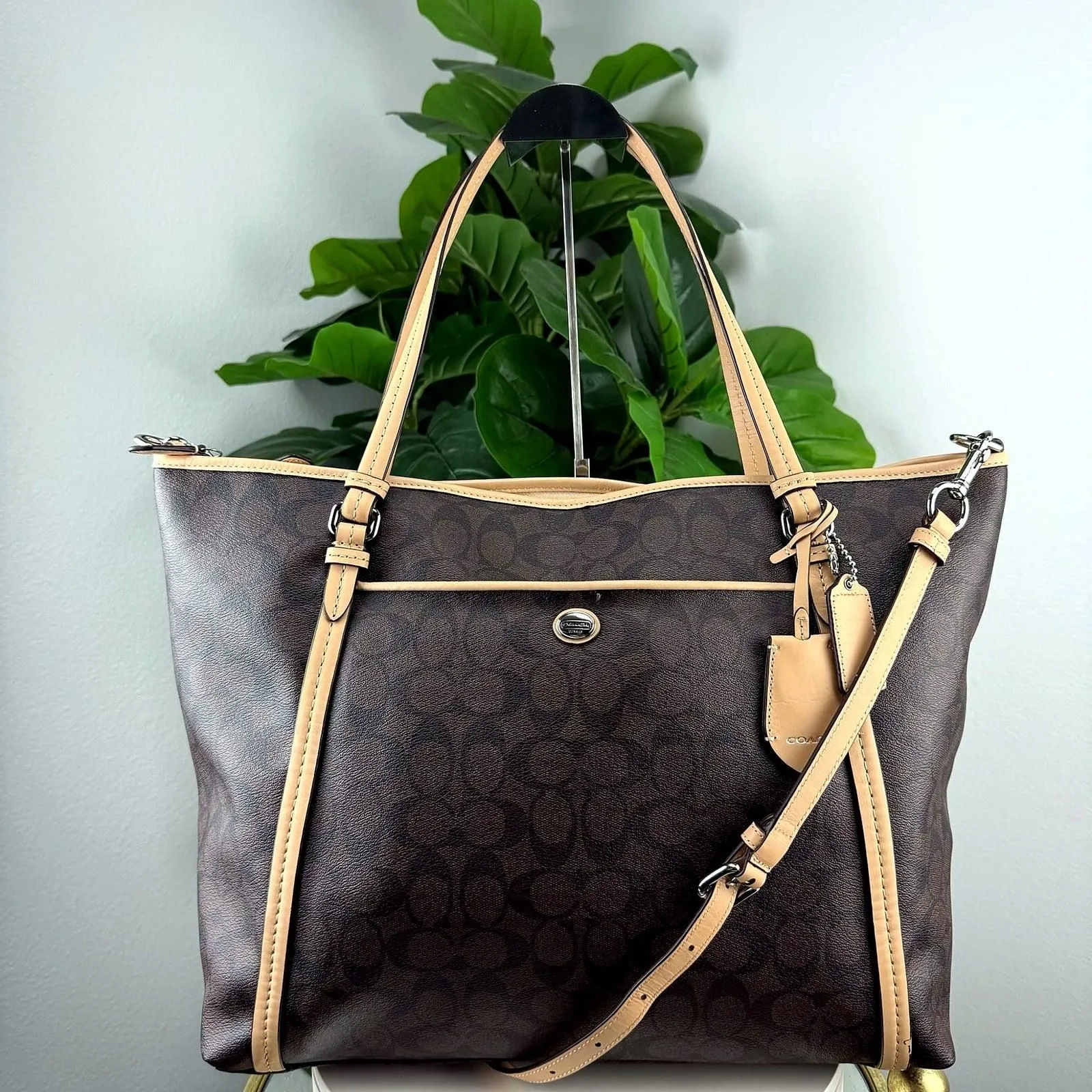 Authentic Coach Signature Brown Canvas Tote Bag - Camel Trim, Silver Hardware
