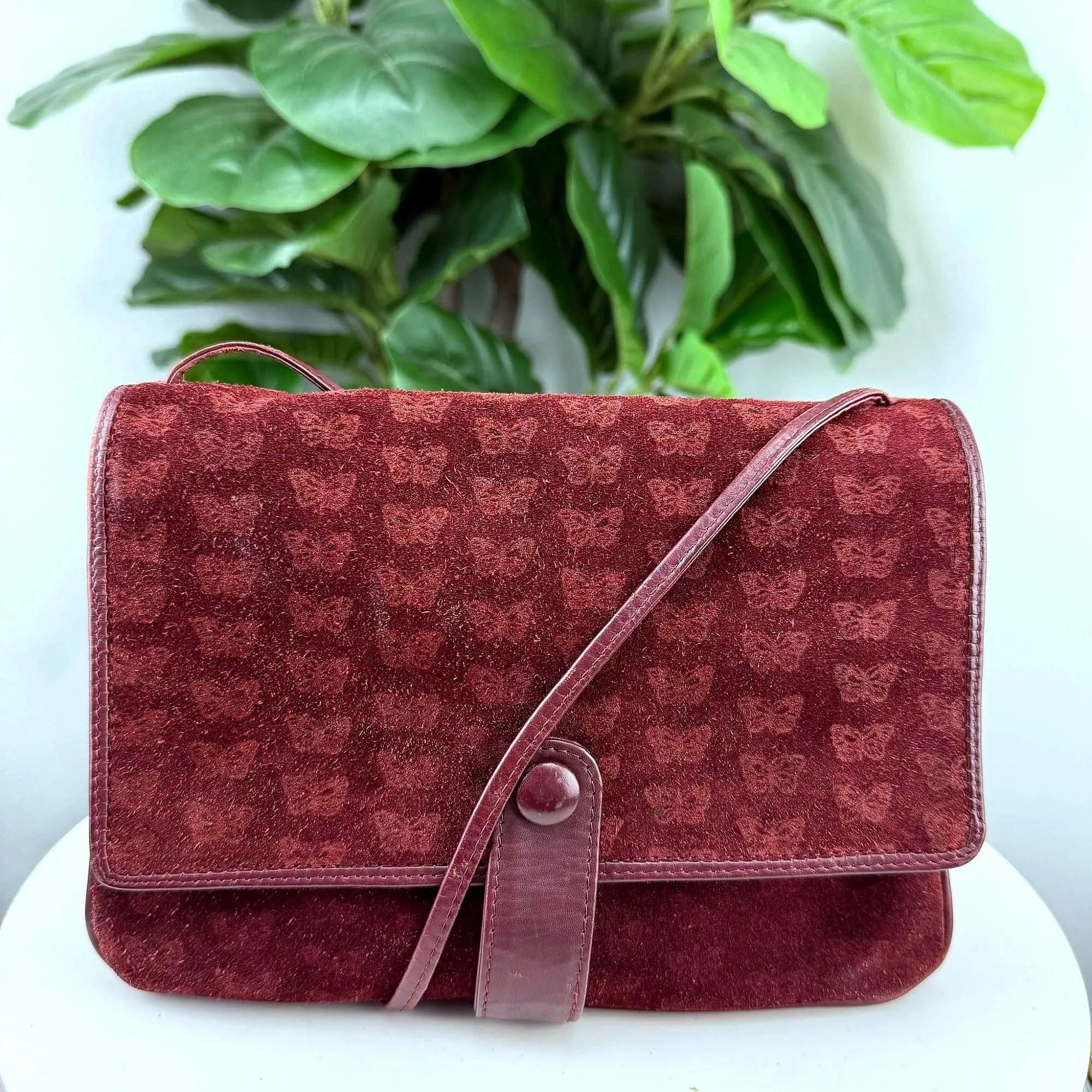 Vintage Burgundy Suede Butterfly Embossed Crossbody Bag