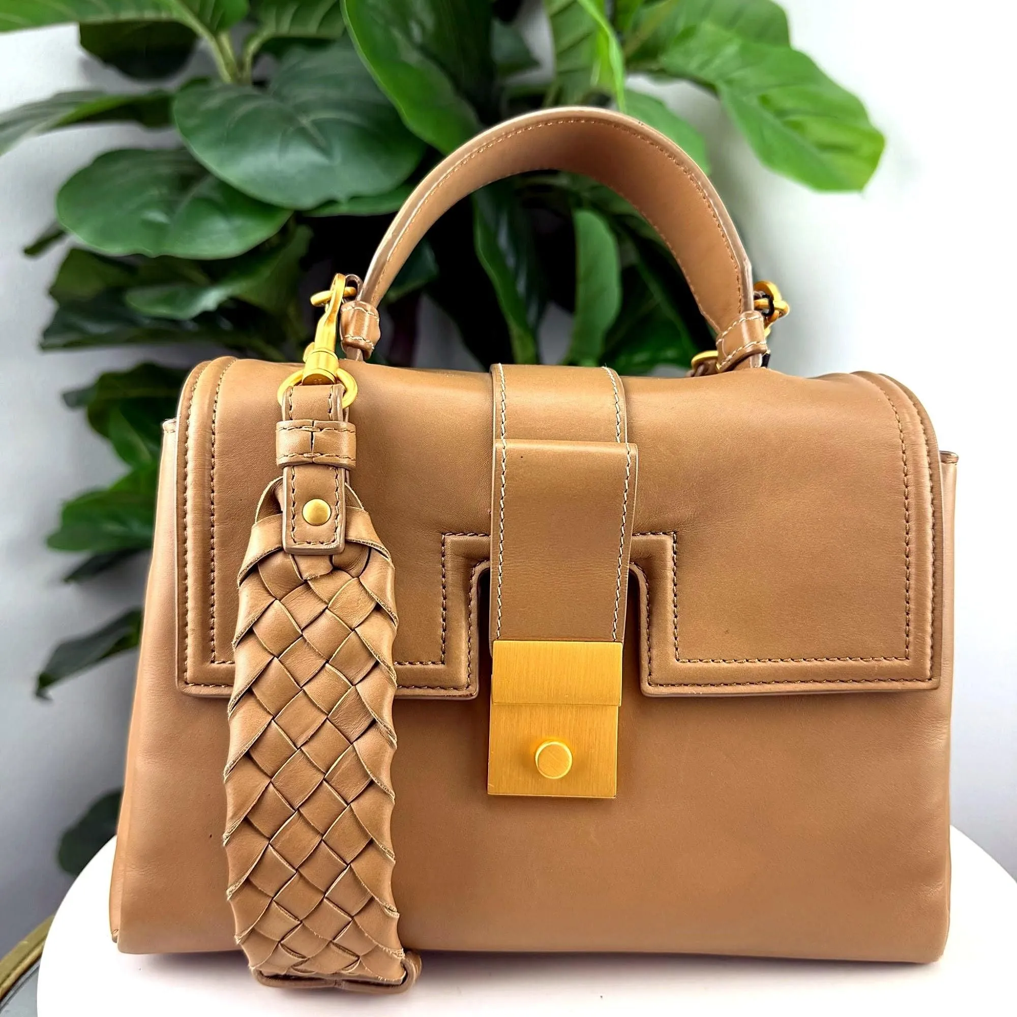 Authentic Bottega Veneta Camel Leather Top Handle Bag with Woven Strap
