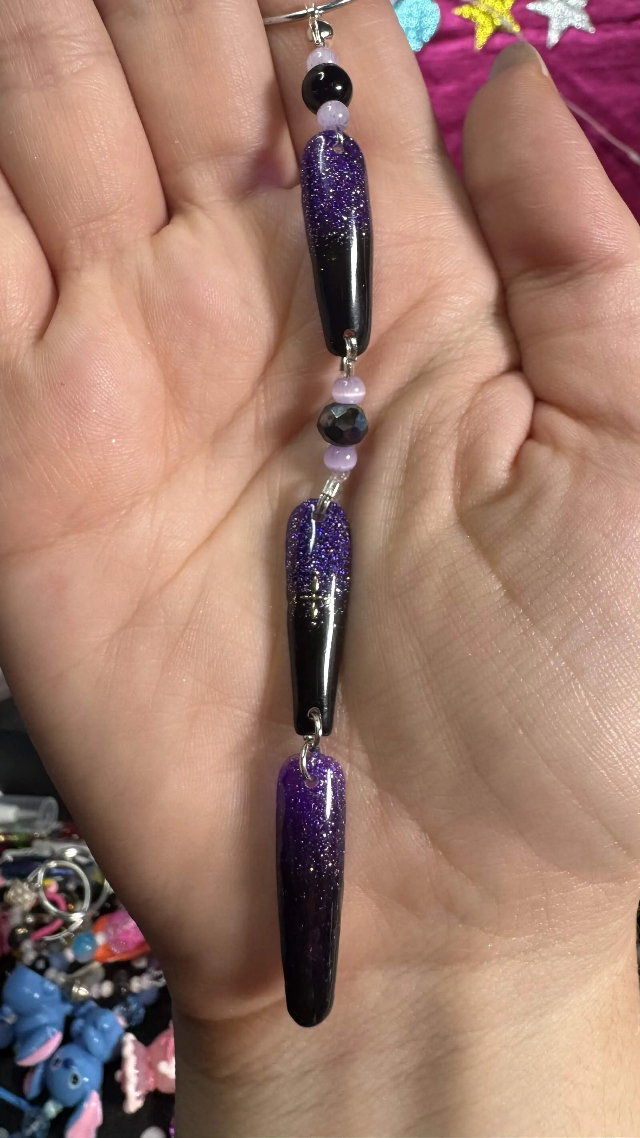 Purple Black Trio Nail art key chain - Purple/black