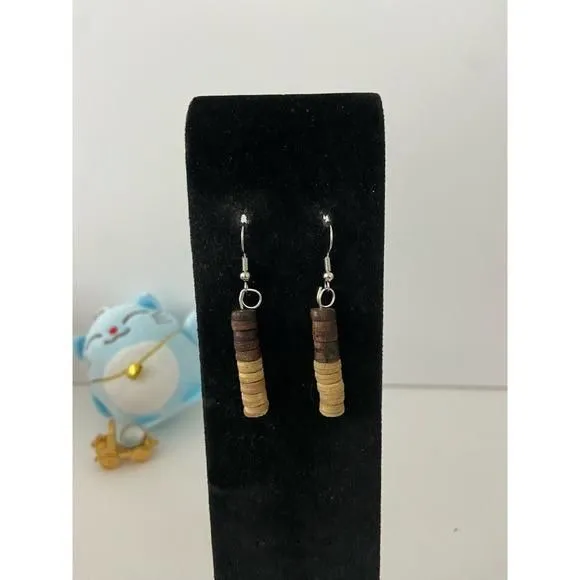 Product image for Upcycled brown and tan wood bead earrings