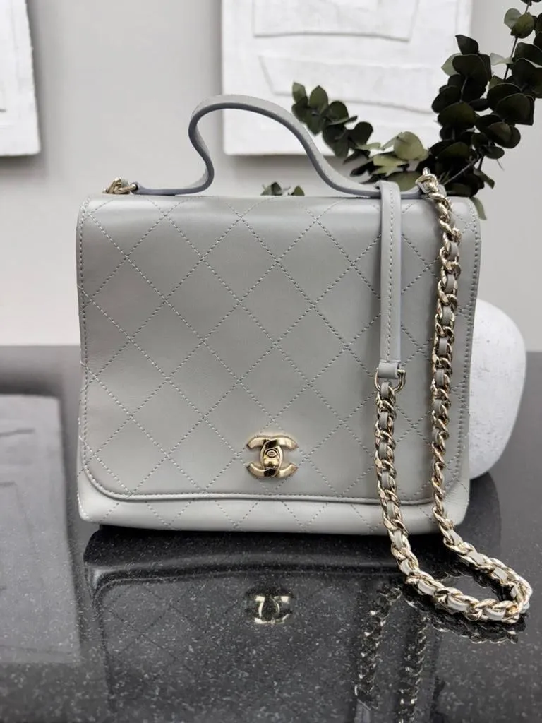 Chanel Grey Diamond Quilted CC Double Pocket Top Handle Bag