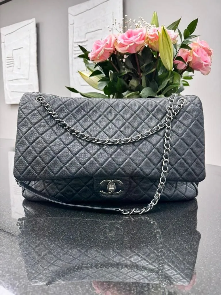 Chanel Black Diamond Quilted Grained Leather Airlines XXL Travel Flap Bag