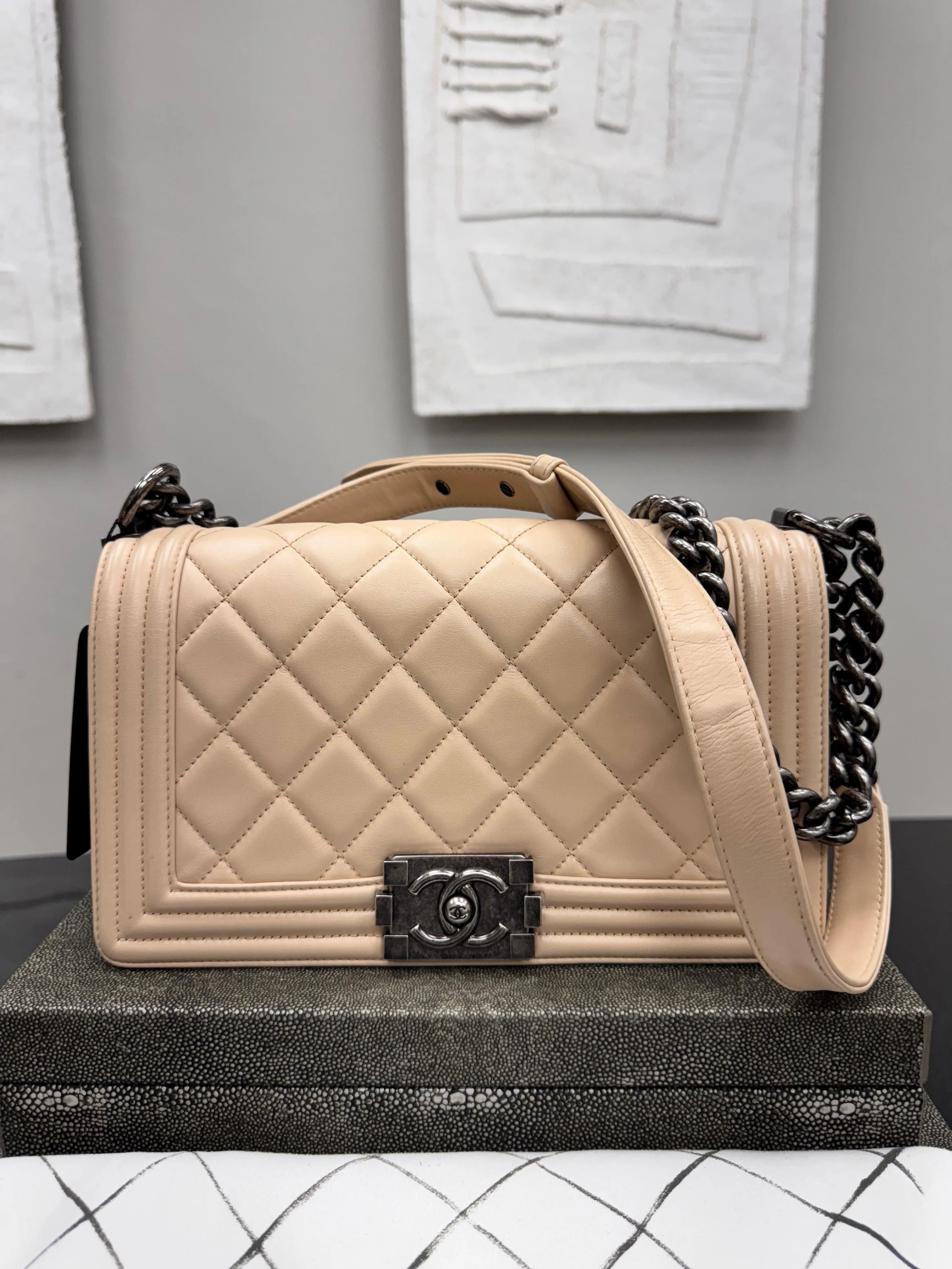 Chanel Beige Diamond Quilted Leather Medium Boy Flap Bag