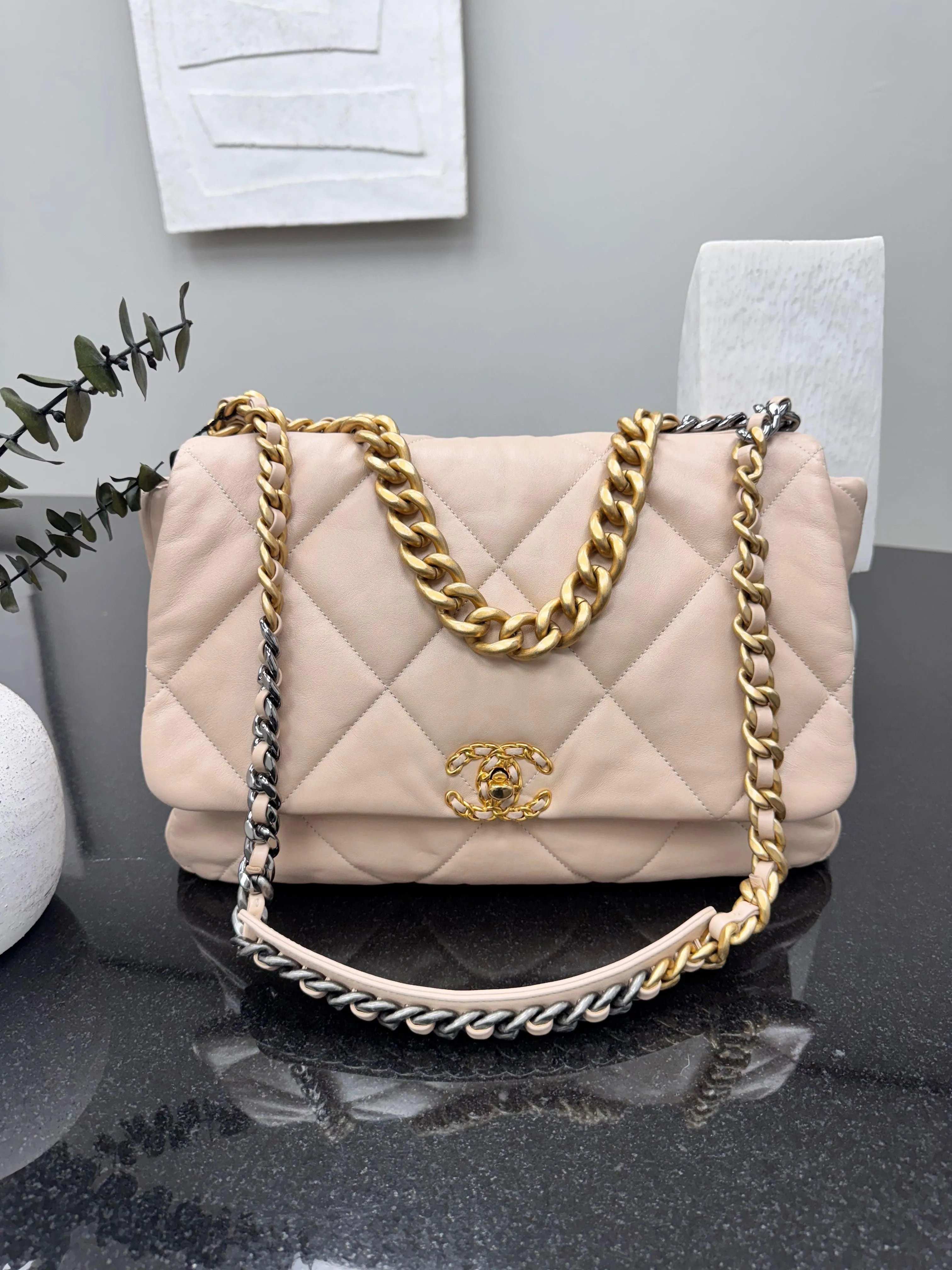 Chanel Beige Diamond Quilted Leather Chanel 19 Maxi Flap Bag