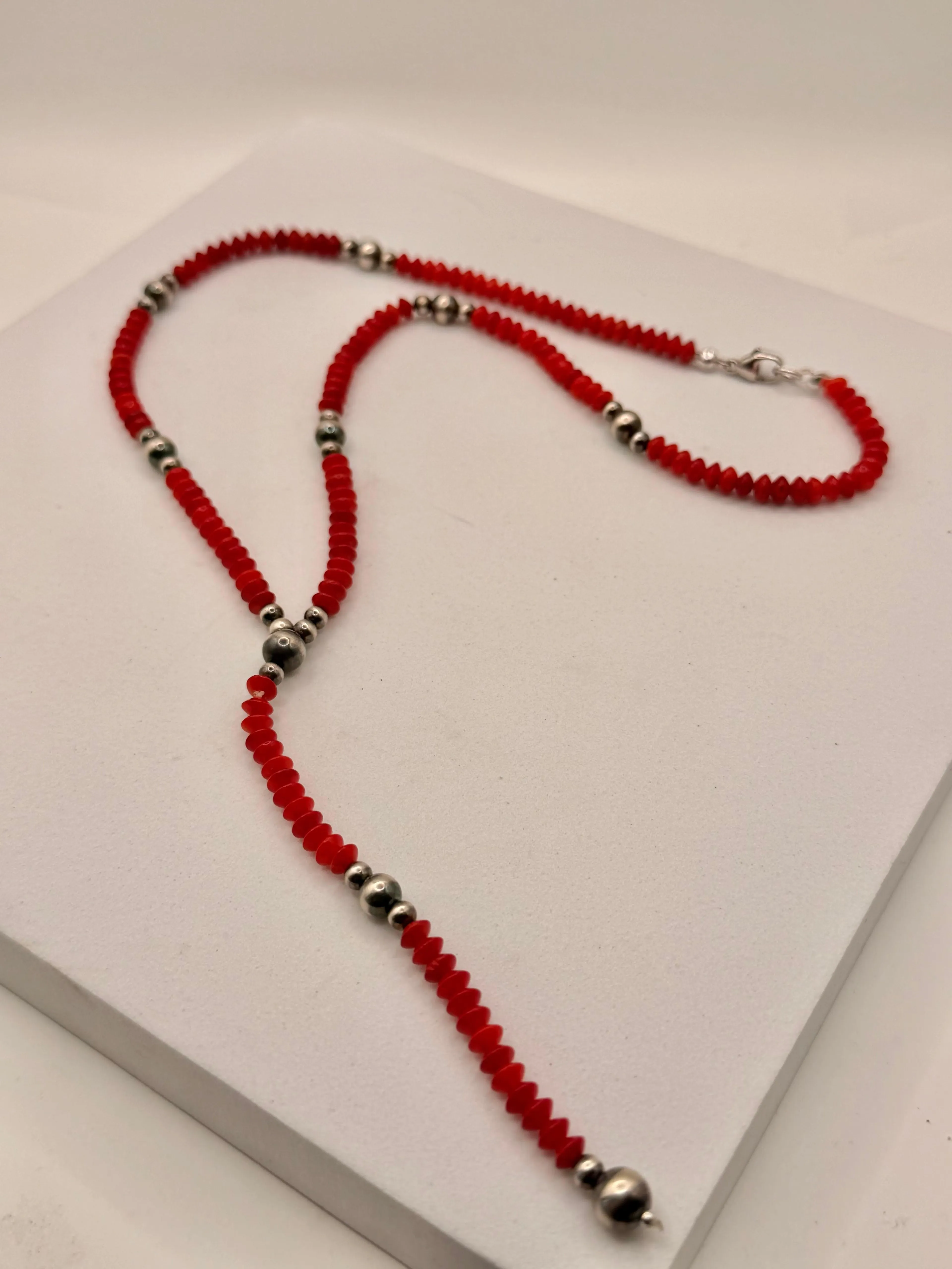 MED CORAL SAUCER BEADS NAVAJO PEARLS LARIAT (LL 41)