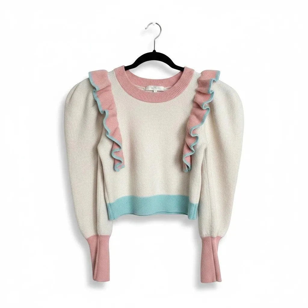 LoveShackFancy Girls Ruffle Puff Sleeve Sweater Ivory Pink Size M Pre-Loved