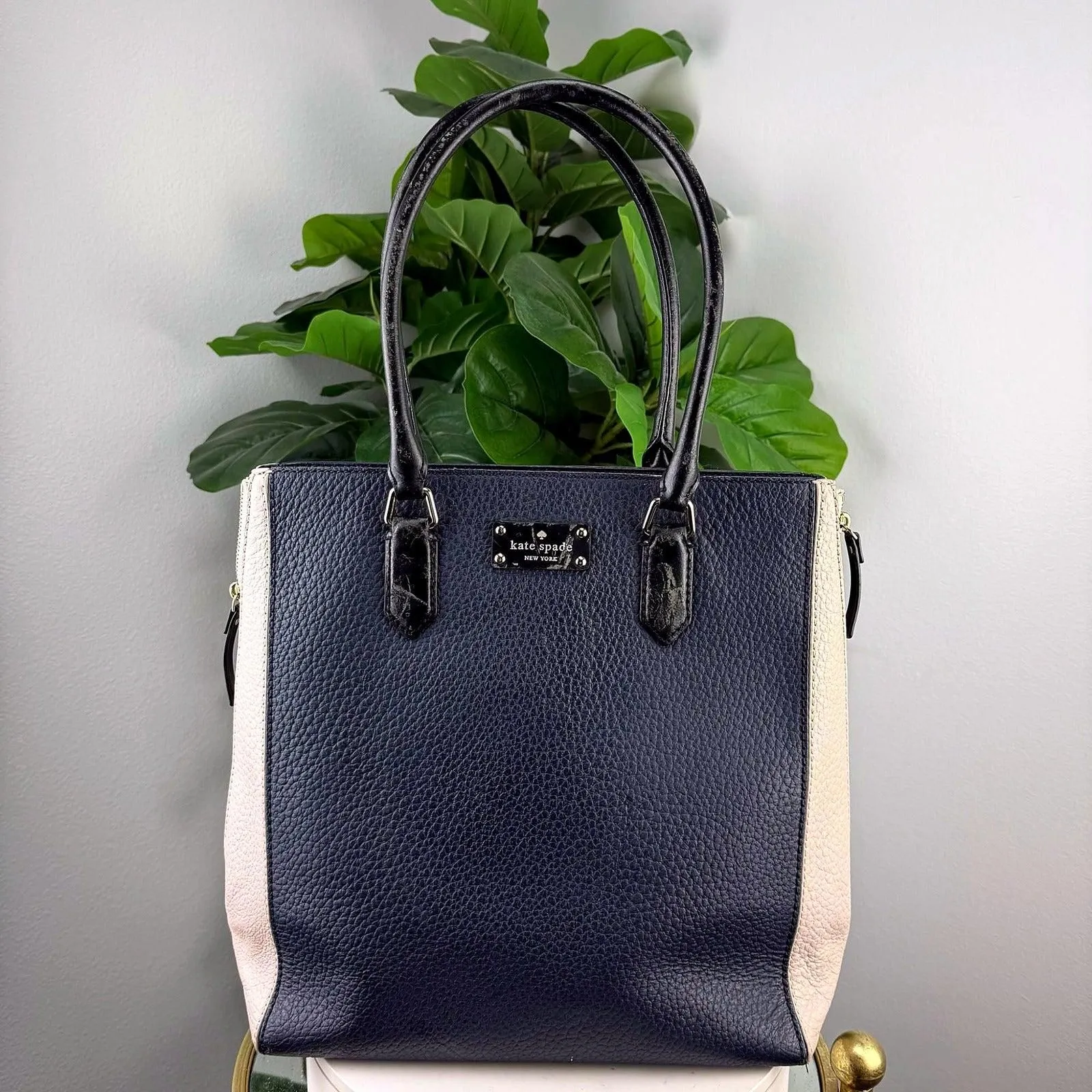 Authentic Kate Spade Navy Blue and Beige Colorblock Pebbled Leather Tote Bag