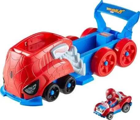 Hot Wheels Toy Car Track Set, Spider-Man Large-Scale Launcher and Hauler