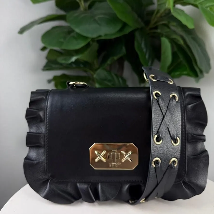 Authentic RED Valentino Black Leather Ruffle Edge Flap Crossbody Bag