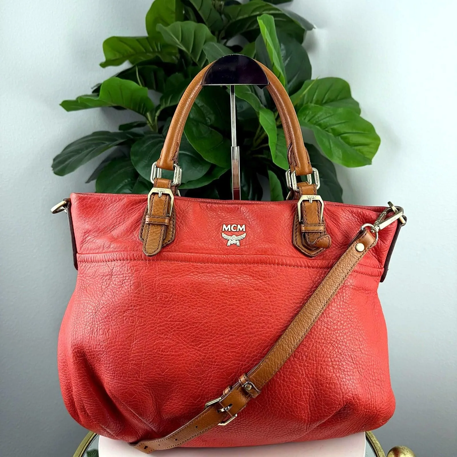 Authentic MCM Coral Pebbled Leather Convertible Tote Bag
