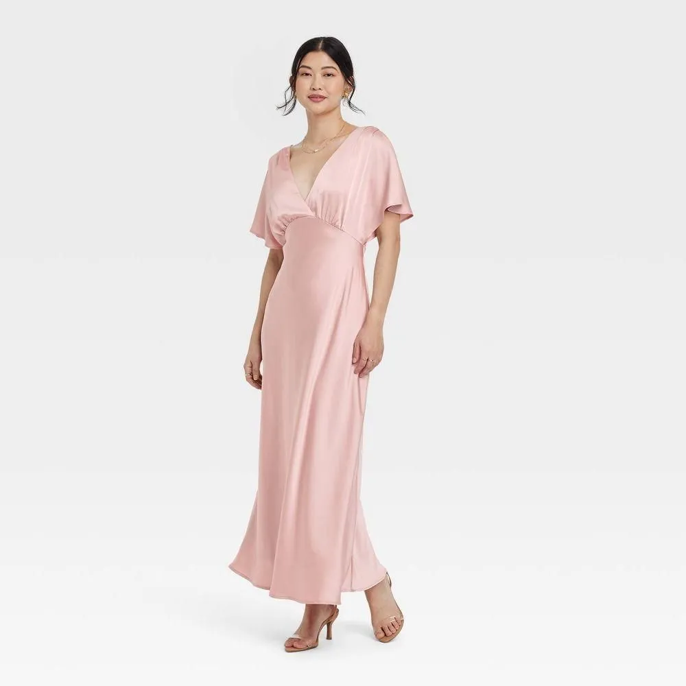 New without Tags - Size: M - Women's Satin Flutter Short Sleeve Maxi A-Line Dress - A New Day