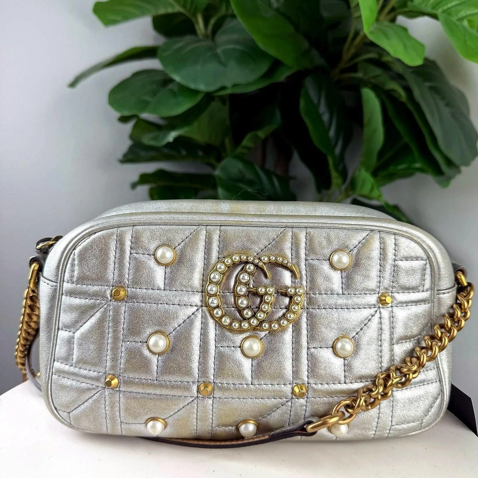 Authentic Gucci GG Marmont Metallic Silver Pearl Studded Camera Bag