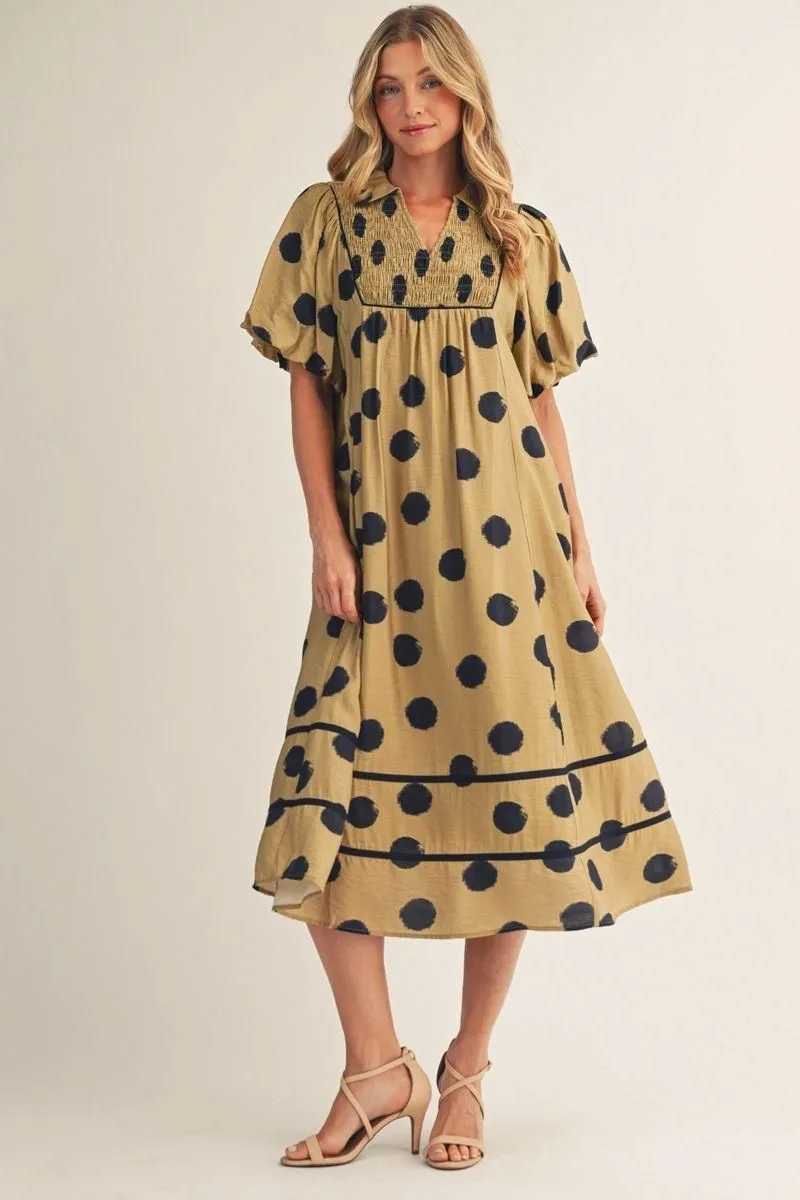 Golden Olive & Navy Dot Dress