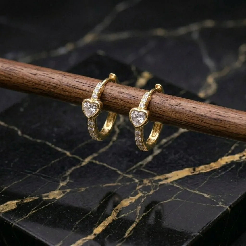 Moissanite Heart Gold Over 925 Sterling Silver Huggie Earrings Dainty
