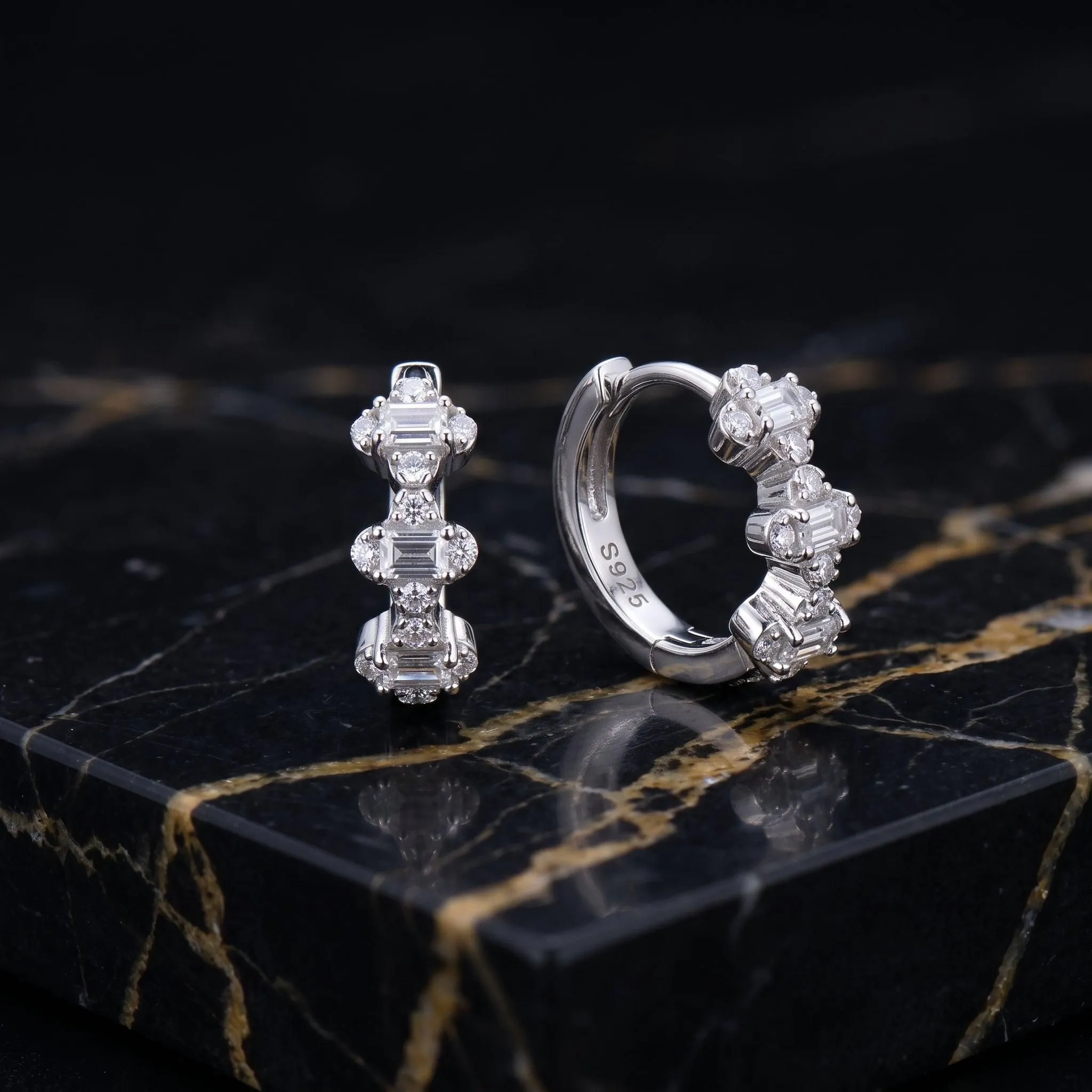 Three-Stone Baguette Huggie Earrings Moissanite 925 Sterling Silver