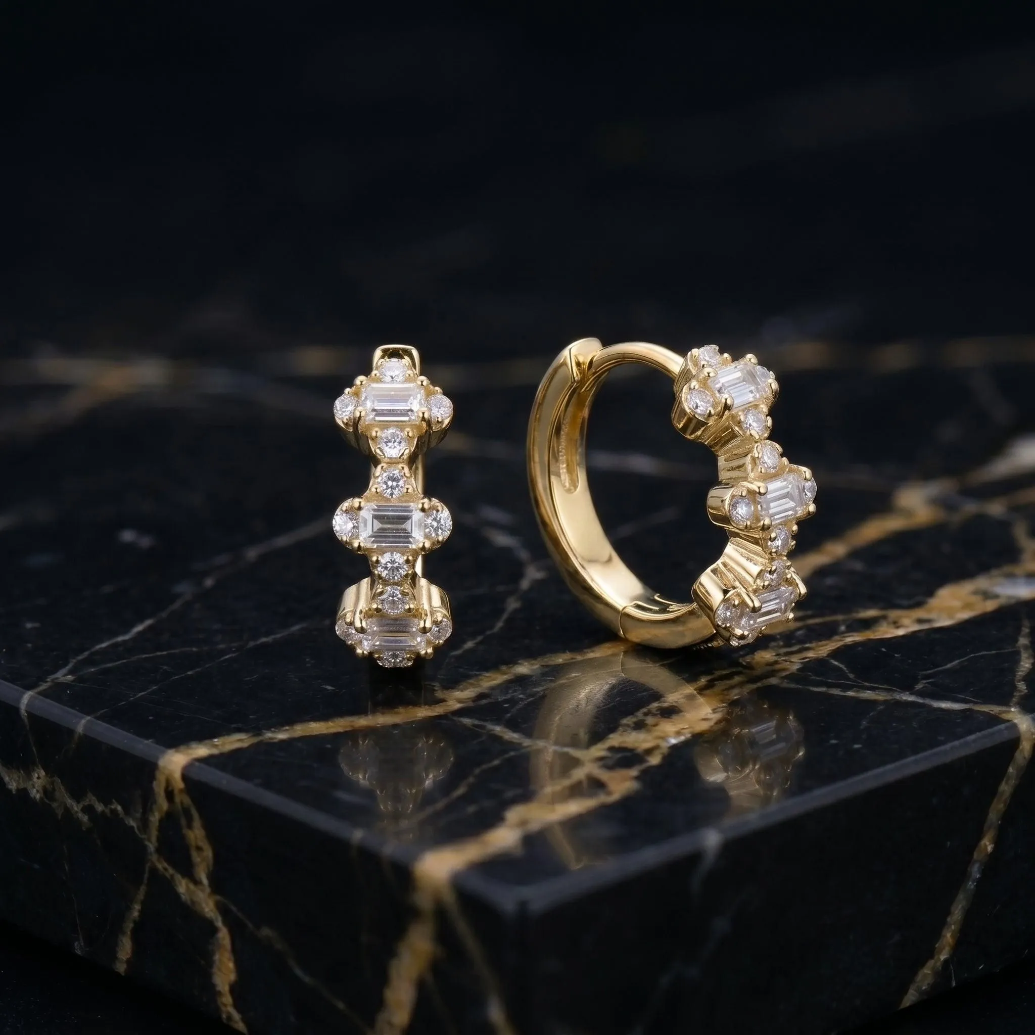 Three-Stone Baguette Huggie Earrings Moissanite 14k Gold Over 925 Silver