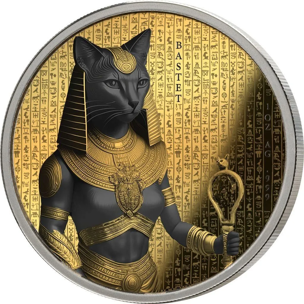 In Stock! Premium 2025 Benin Golden Darkness of Egypt Bastet 1 oz Silver Coin (750 Mintage)