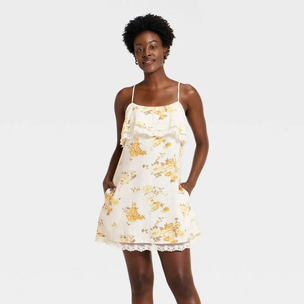 New without Tags - Women's Sleeveless Western Mini Sundress - Universal Thread Yellow Floral L
