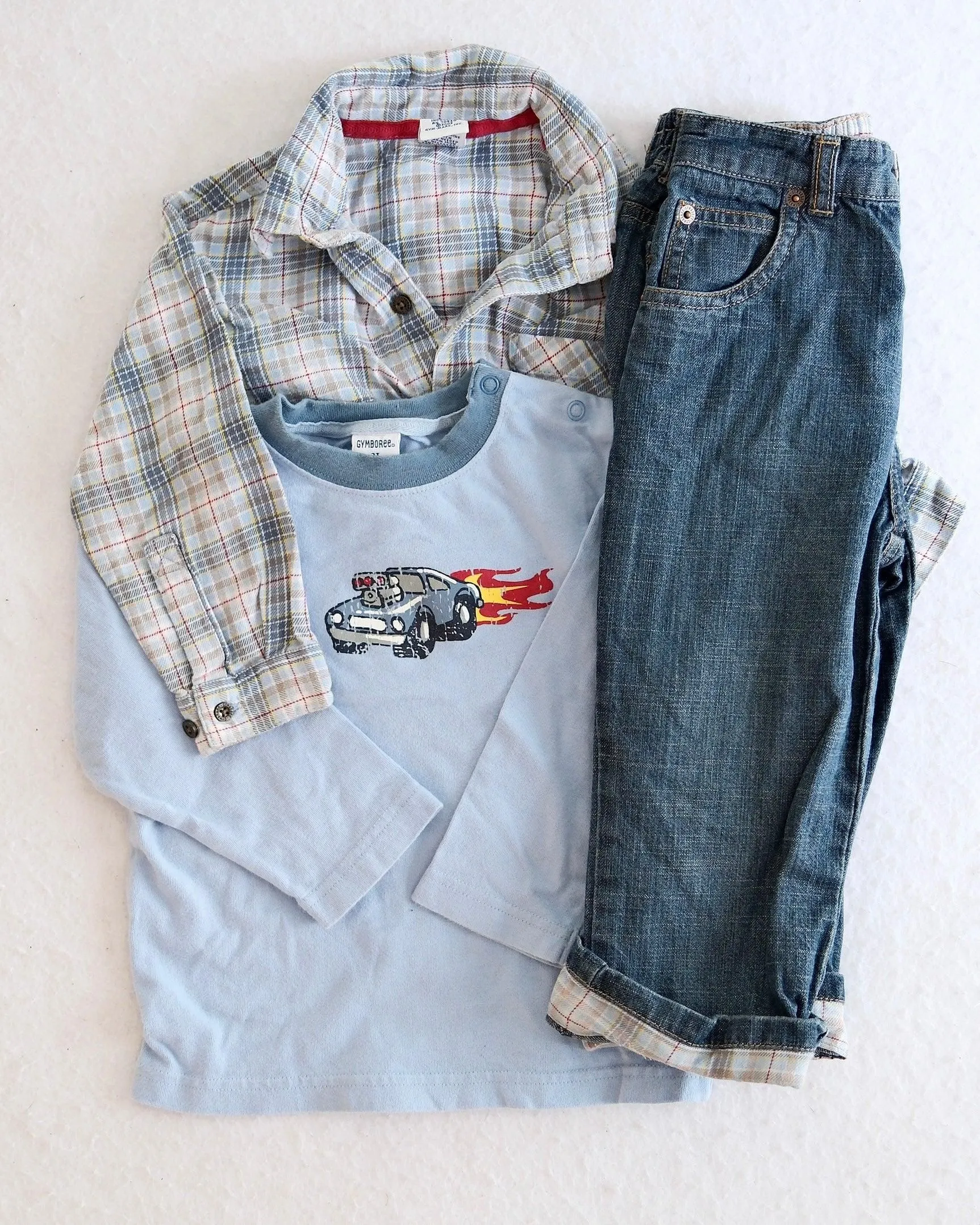 2003 Vintage Gymboree Race Car Tee, Plaid Shirt & Jeans Set, size 2T