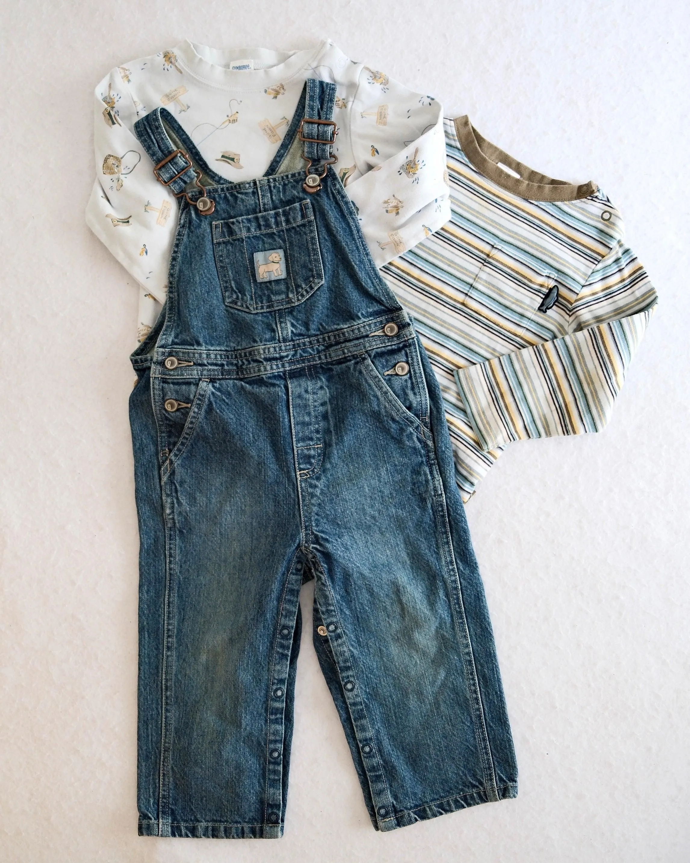 2004 Vintage Gymboree Dog Overalls, Fishing Print Bodysuit & Striped Bodysuit Set, size 2T