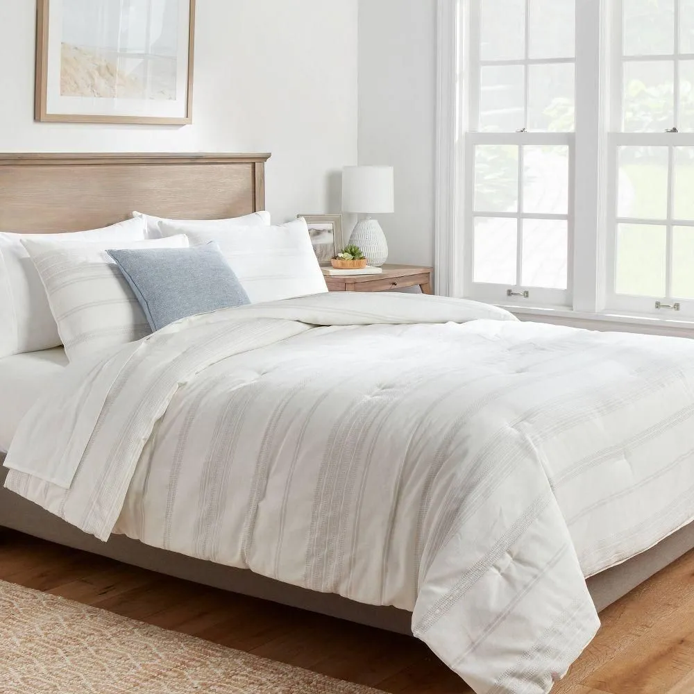New without box - King Cotton Woven Stripe Comforter & Sham Set White/Light Gray - Threshold: