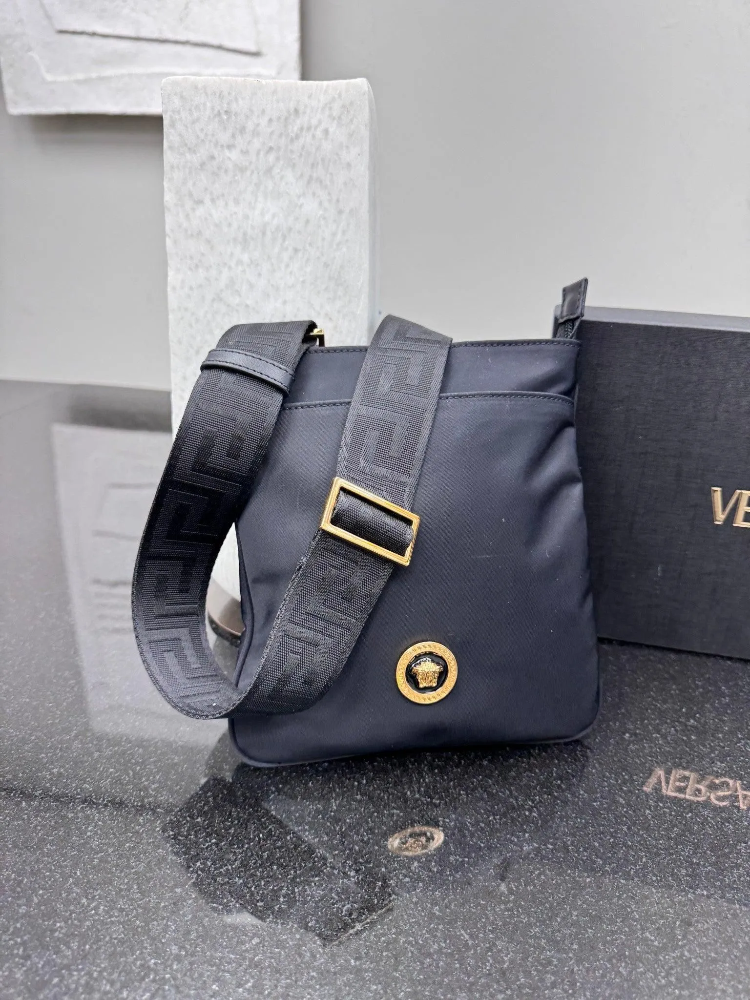 Versace Black Nylon Flat Medusa Crossbody Bag
