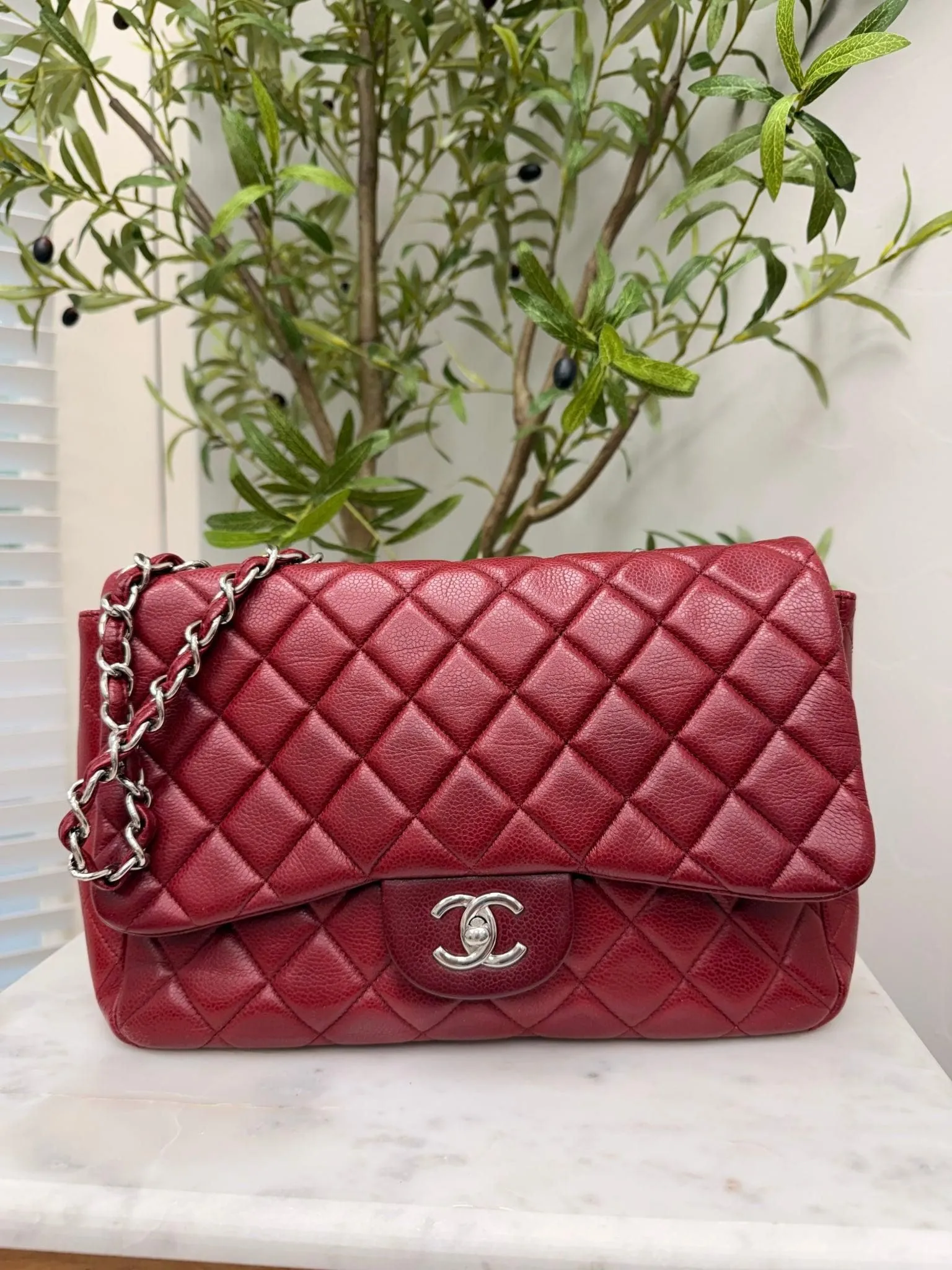 Chanel Burgundy Quilted Leather Classic Jumbo Flap Bag
