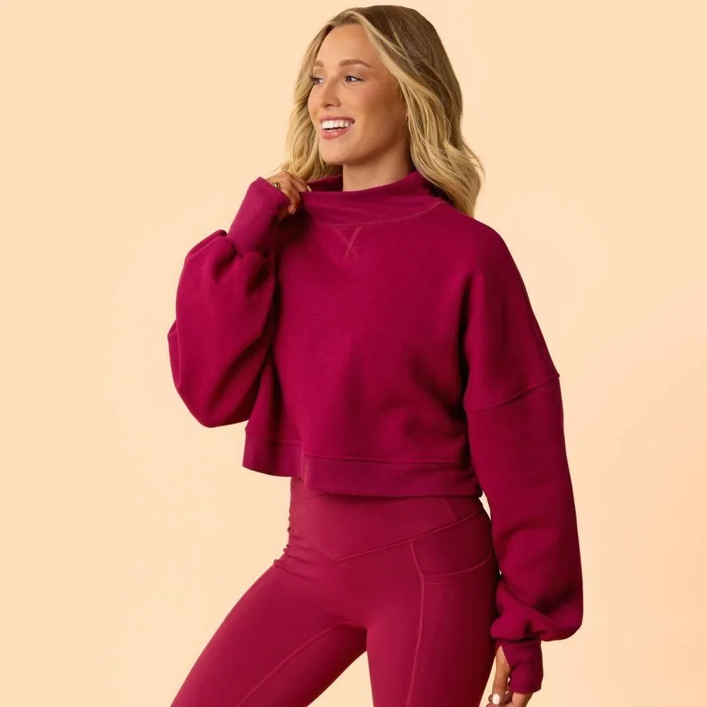 New without Tags - Size: Small - Blogilates Women's Marshmallow Mockneck Sweatshirt - Burgundy S