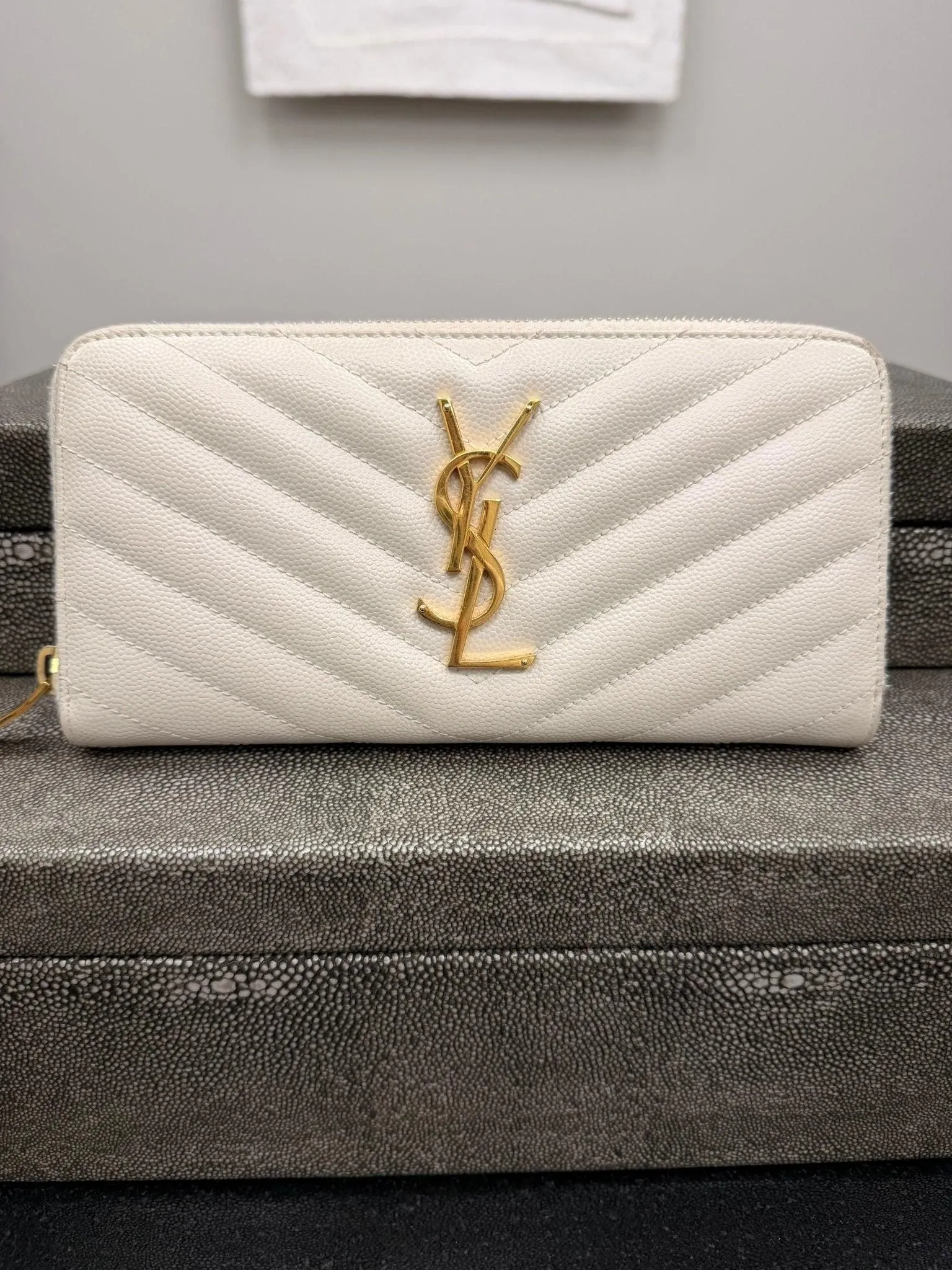 Saint Laurent YSL Cream Chevron Leather Continental Wallet