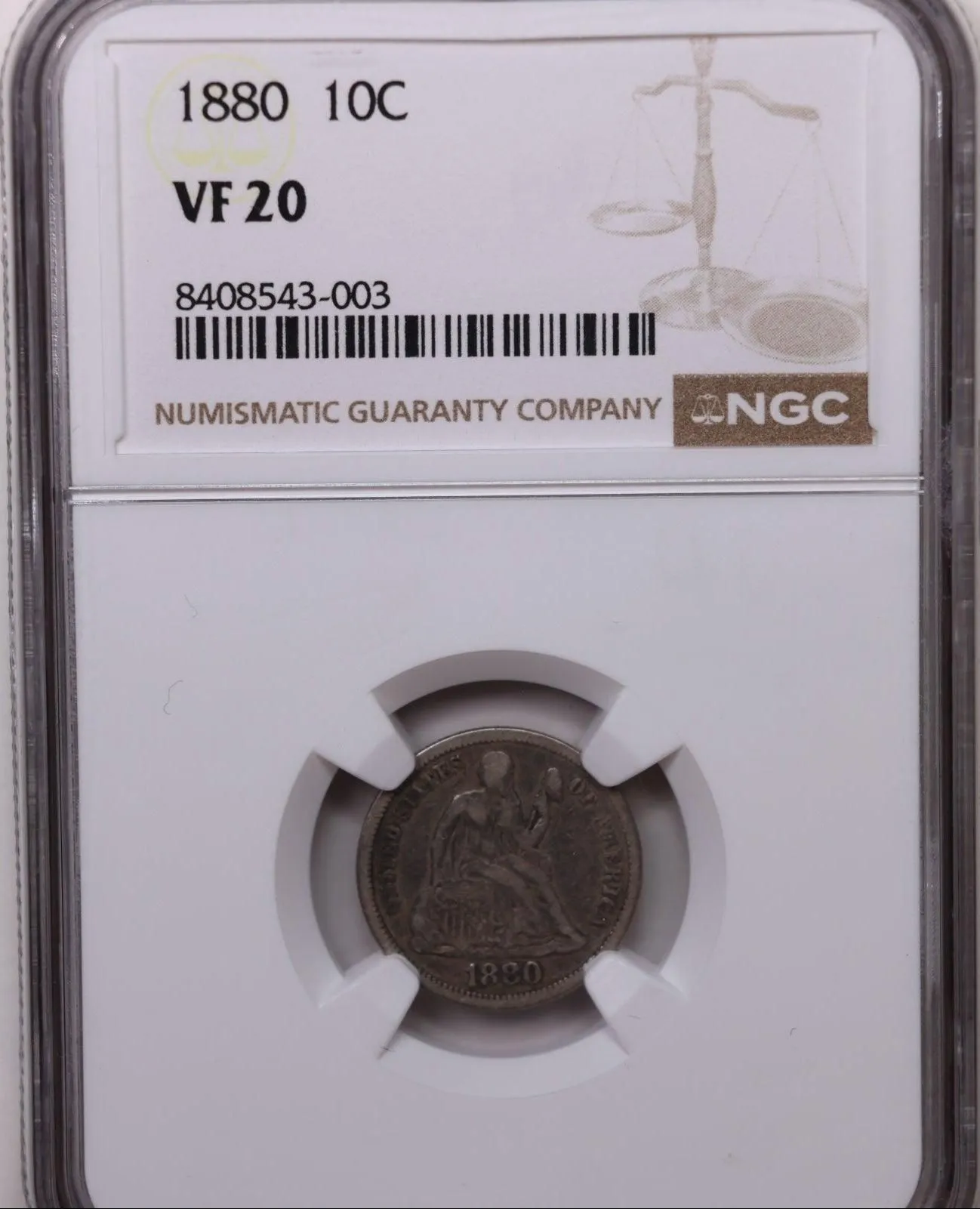 1880 Seated Liberty Dime, NGC VF-20, Circulated Coin, Store Sale #DE1003.
