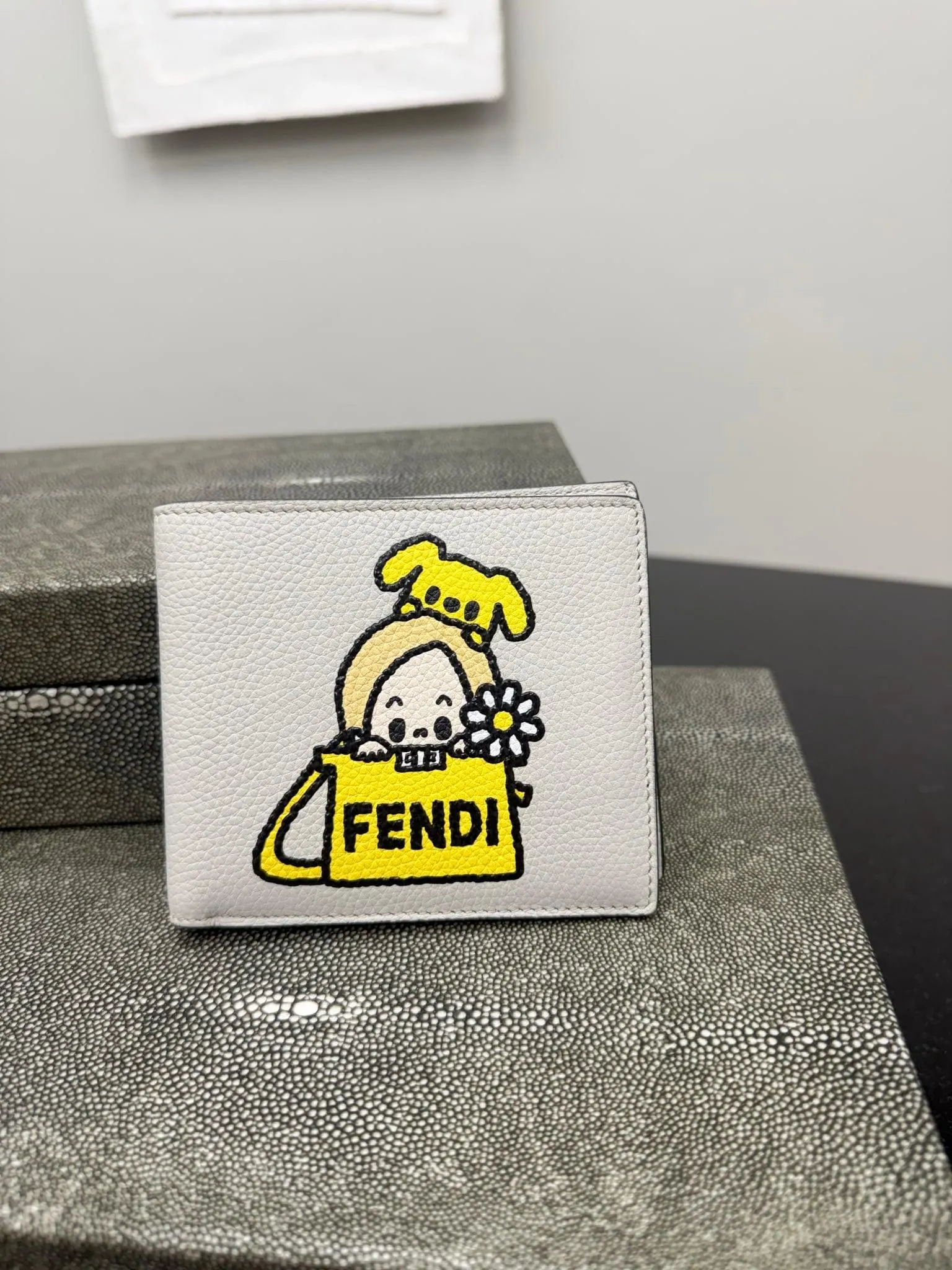 LIKE NEW - Fendi Grey Grained Leather Silvia And The Baguette Bifold Wallet