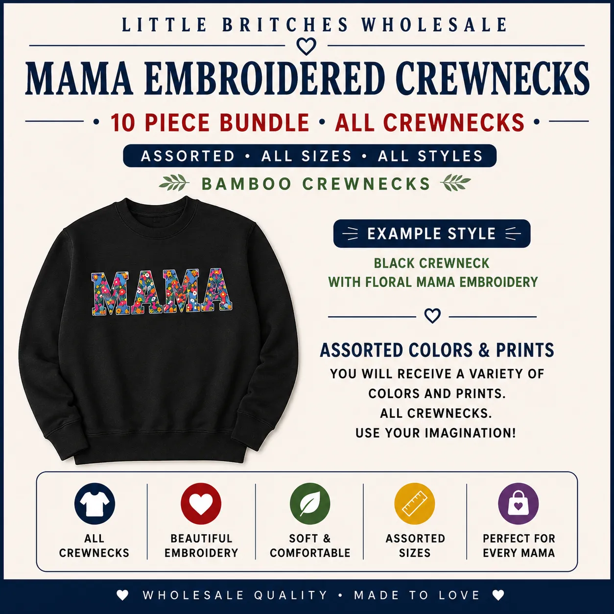 MAMA Embroidered Crewnecks & Tees Bamboo Bundle | 10 Piece Wholesale Assortment