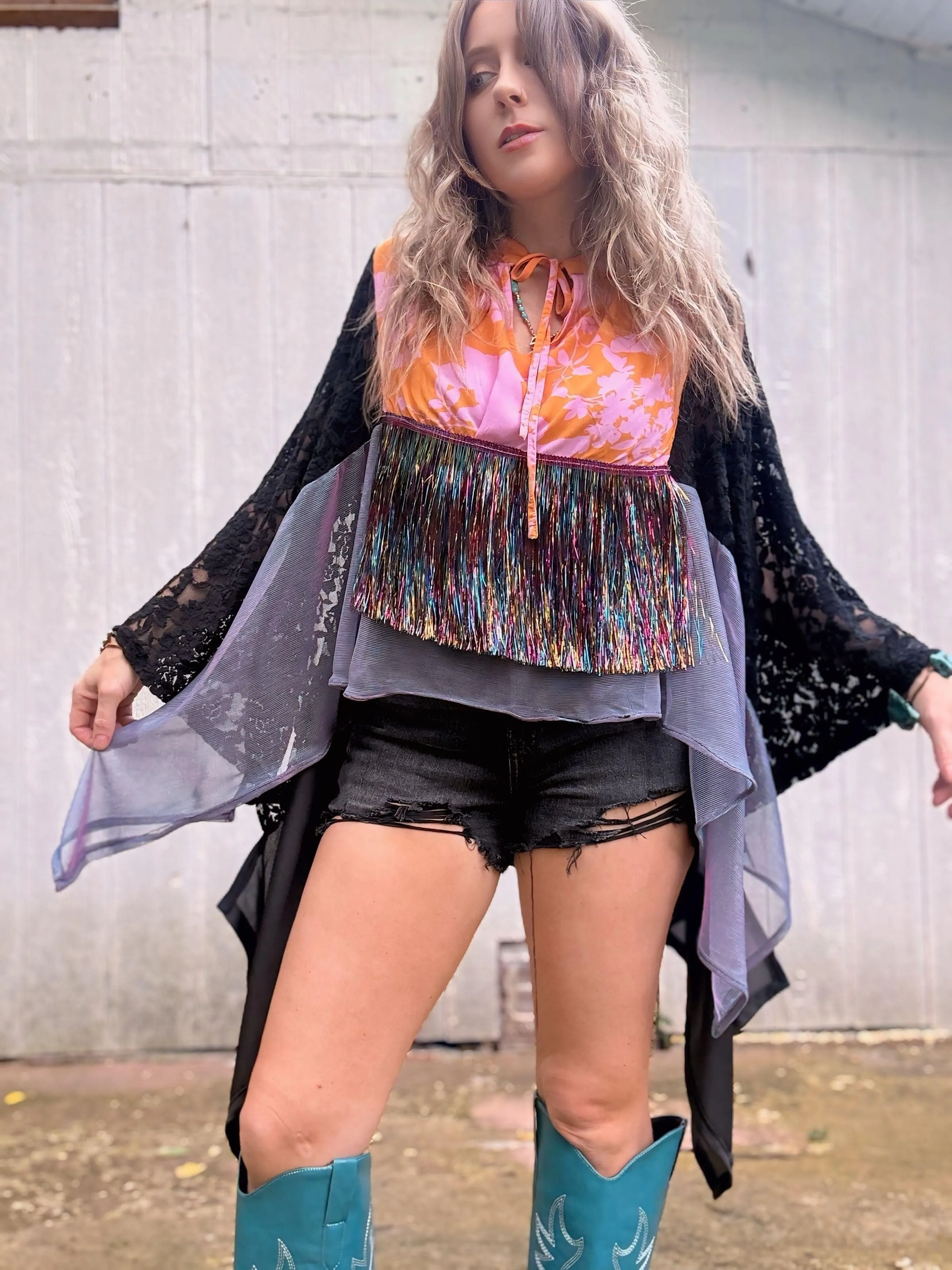 Psychedelic Lace Metallic Fringe Top - Free Size