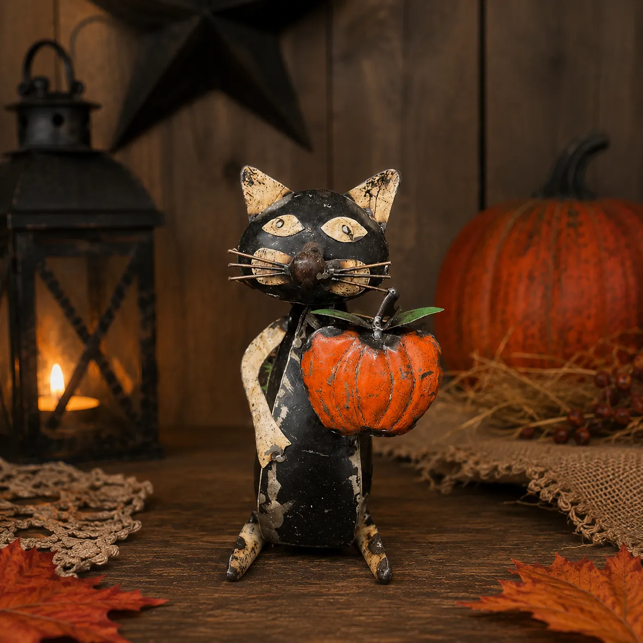 Black Cat with Pumpkin Repurposed Metal Figurine