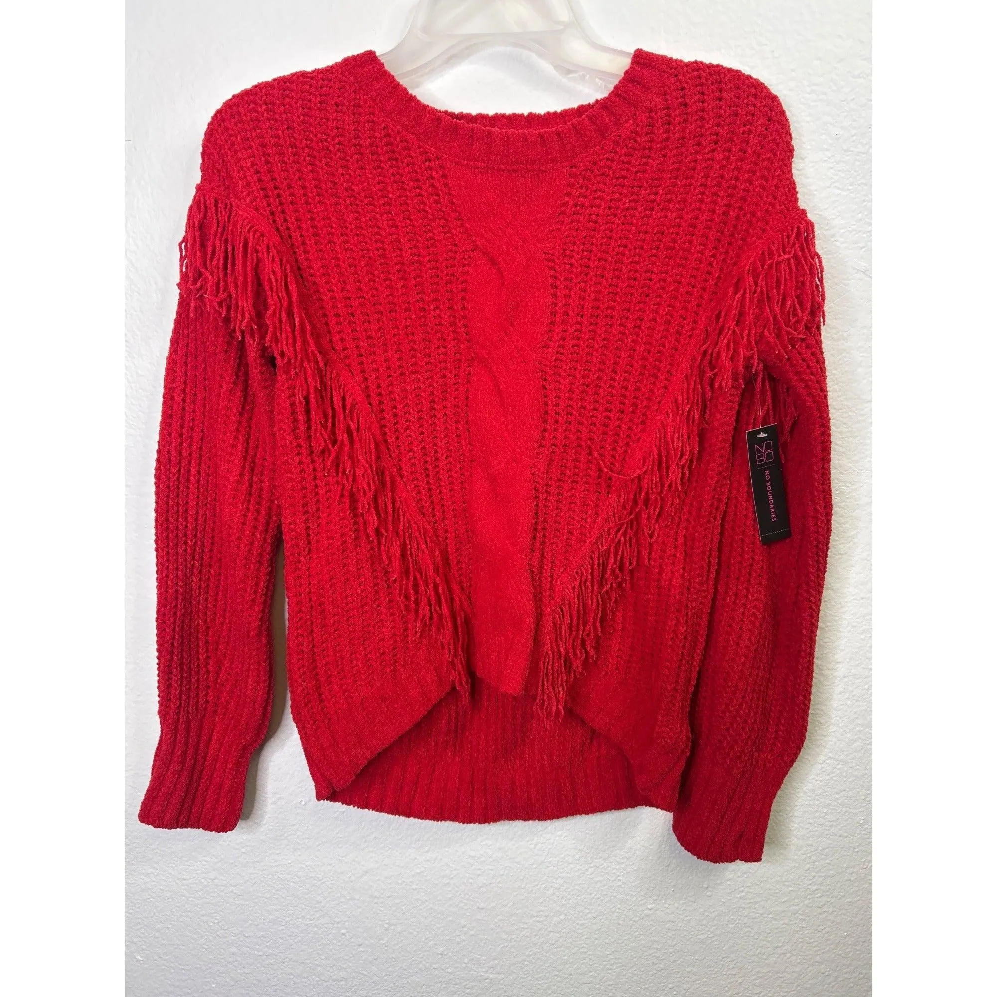#1080 No Boundaries Red Chenille Fringe Sweater Medium (7-9) Soft Knit Crewneck