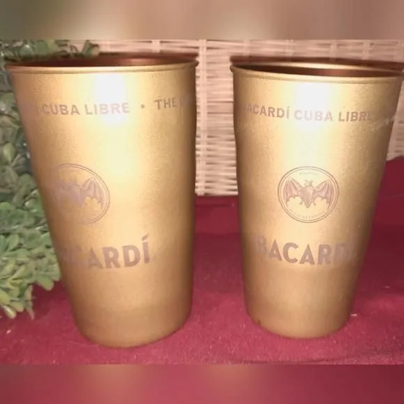 Product image for Set of 2 Bacardi Glasses Gold Metal Cups Bacardi Glasses Promo with Bat Logo NEW