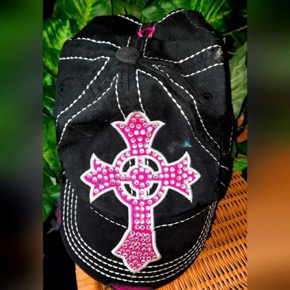Product image for Rain Bow black Hat W/ pink jeweled Cross