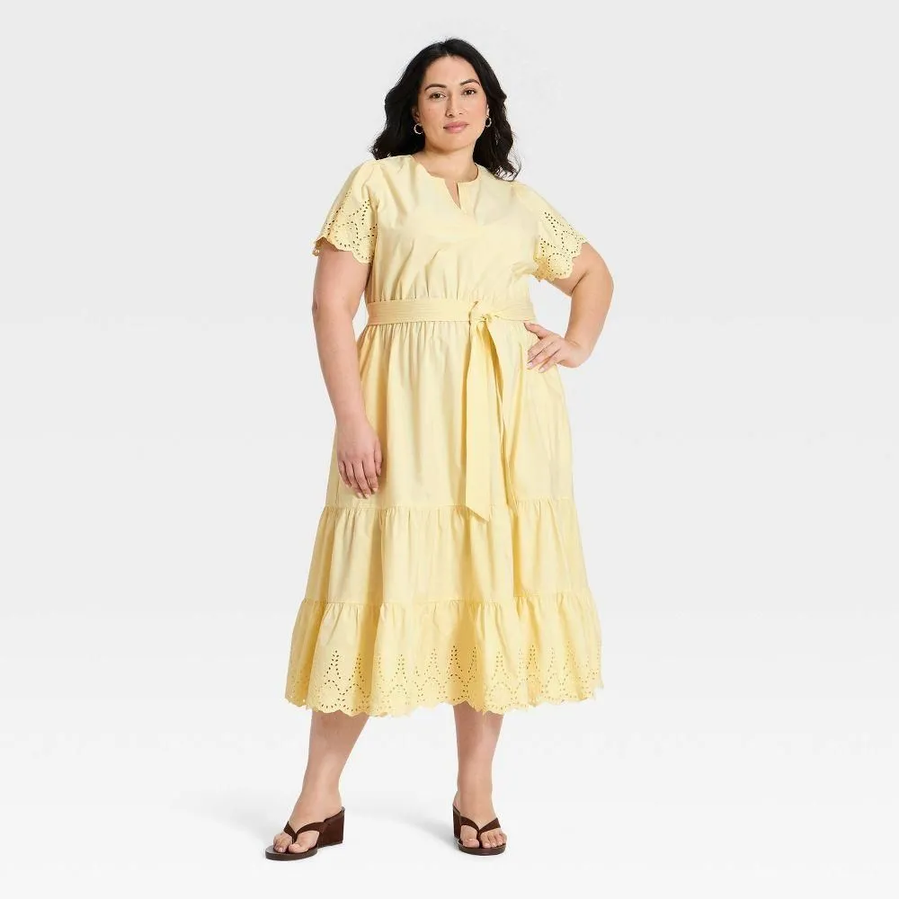New without Tags - Size: 4X - Women's Short Flutter Sleeve V-Neck Front Tiered Eyelet Midi Dress - Ava