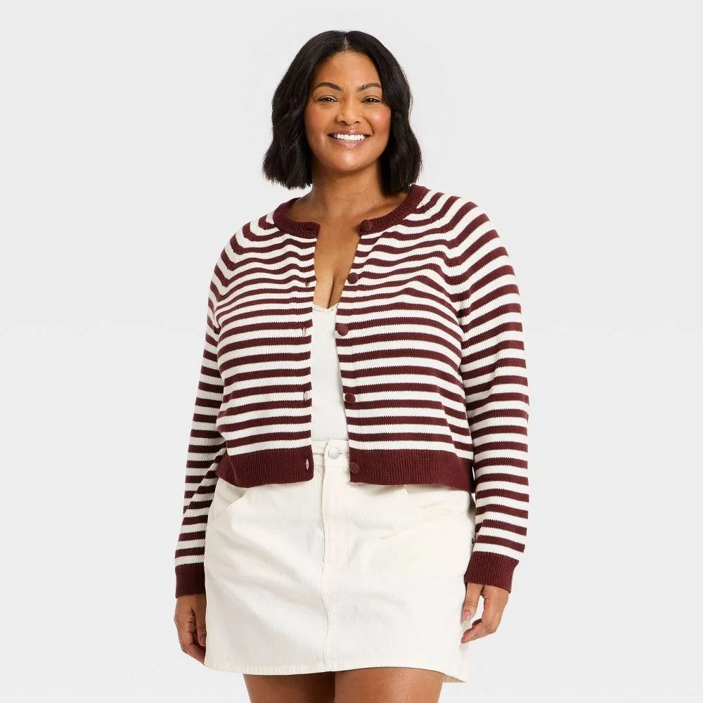 New without Tags - Women's Crewneck Cotton Cardigan - Universal Thread Maroon Striped 1X