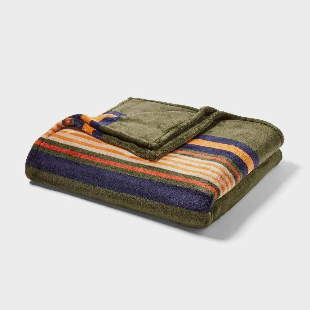 New without box - Full/Queen Microplush Blanket Green Border Stripe - Threshold