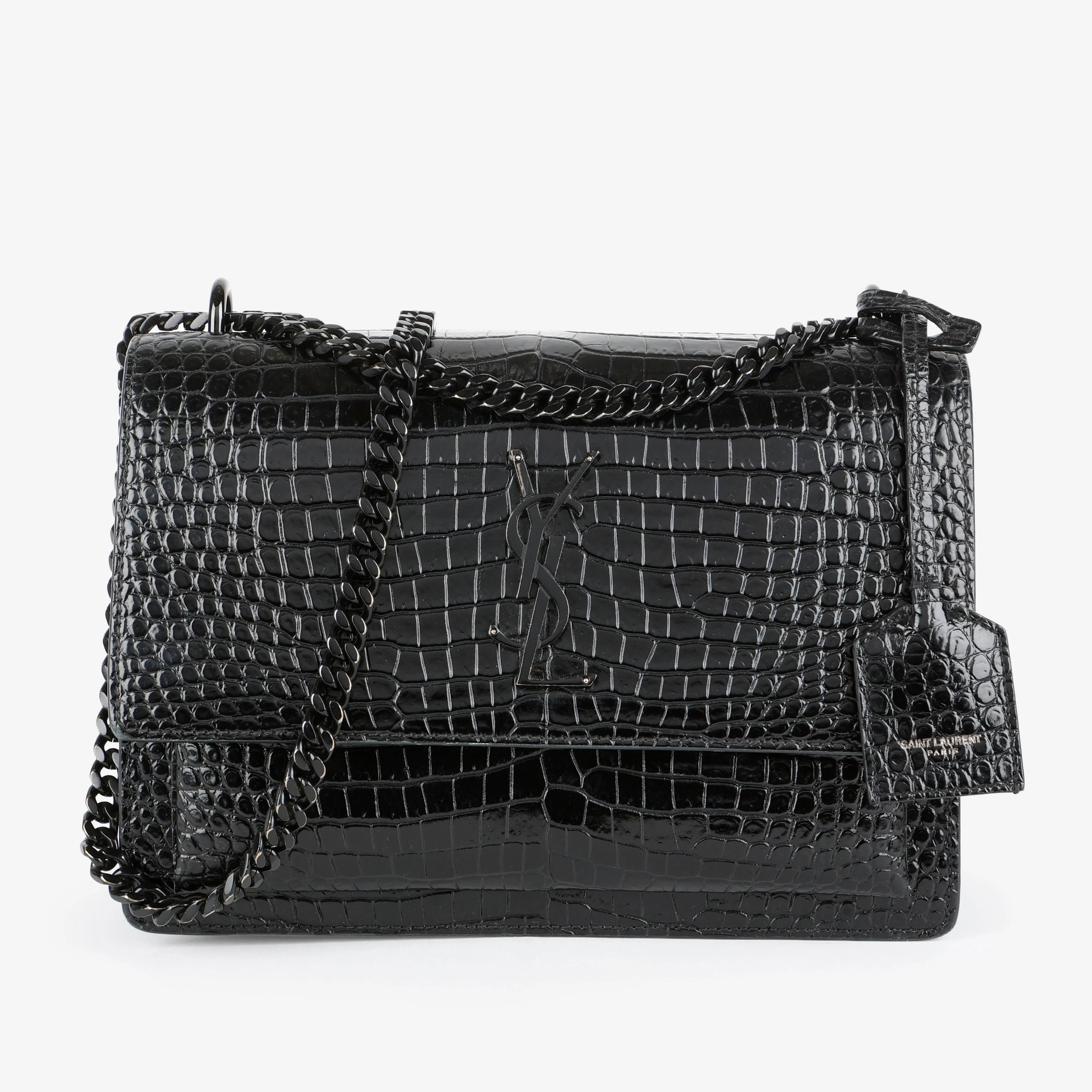 Medium Sunset Crossbody, Black Croc Embossed