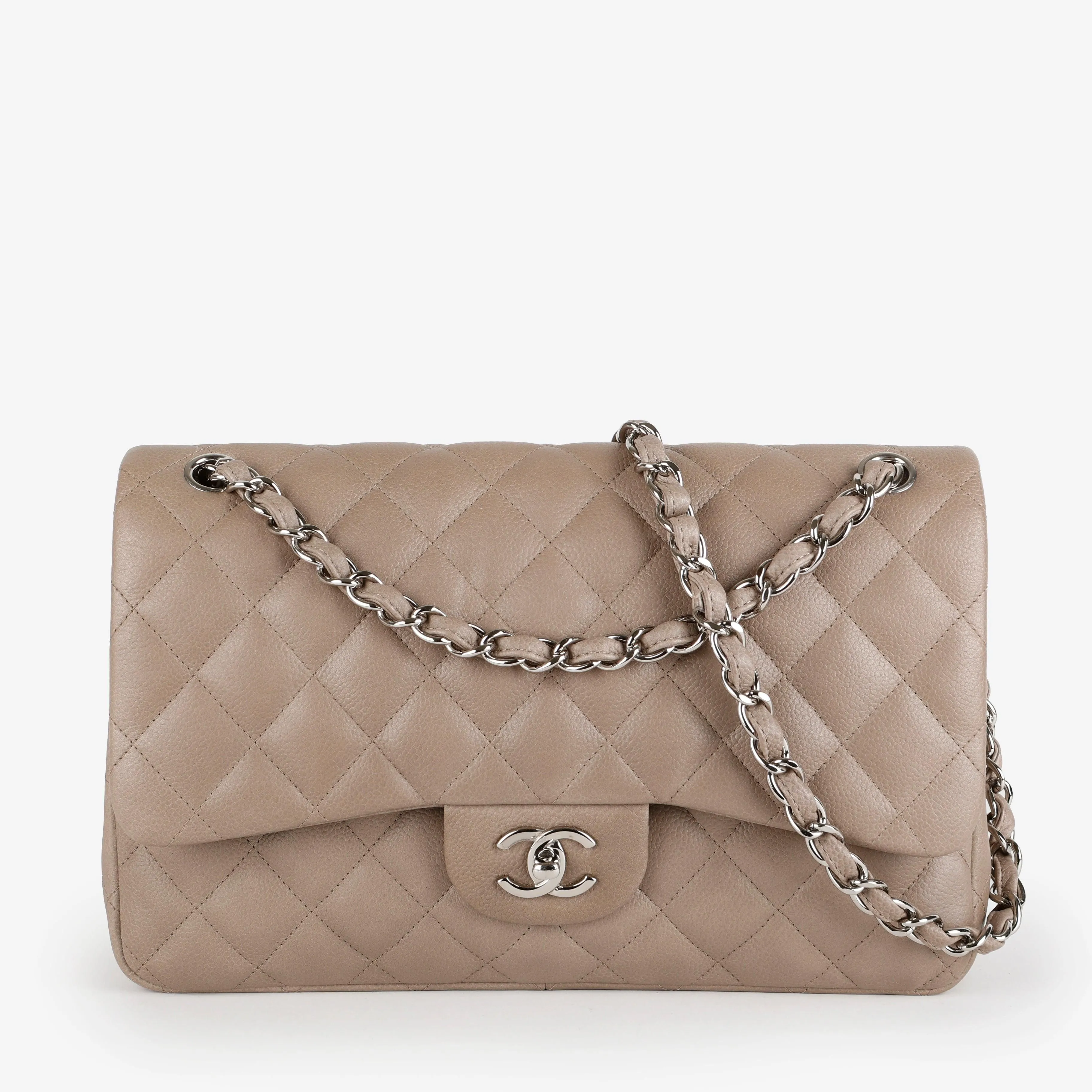 Jumbo Double Flap, Grey / Taupe Caviar Silver Hardware