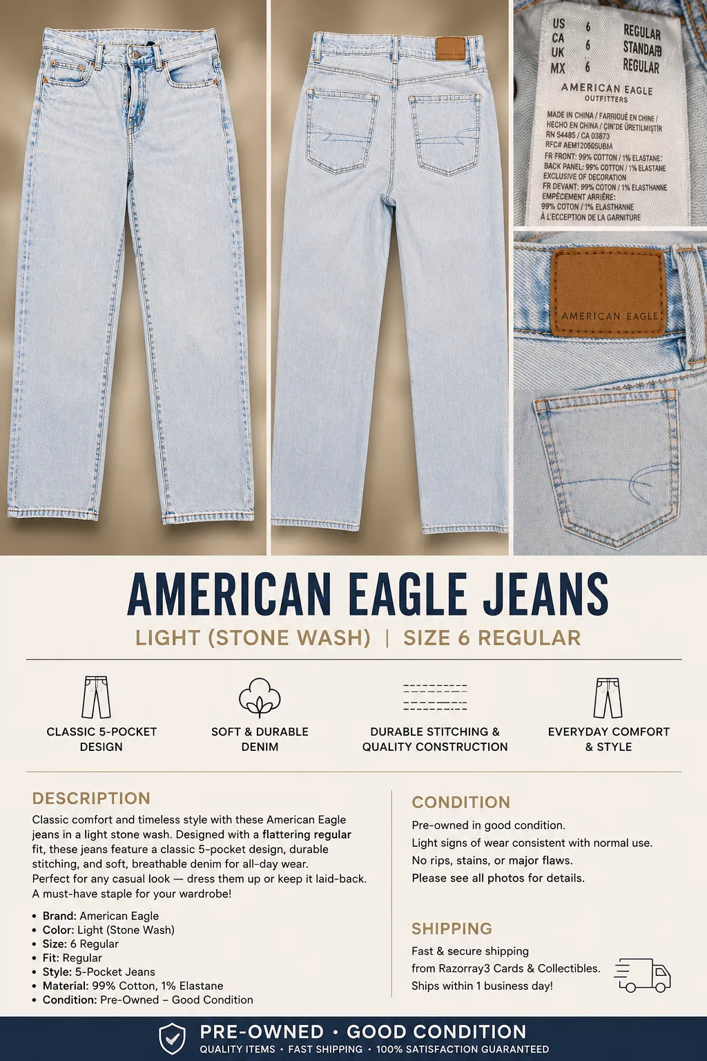 American Eagle Light Stone Wash Jeans – Size 6 Regular – Classic 5-Pocket Denim